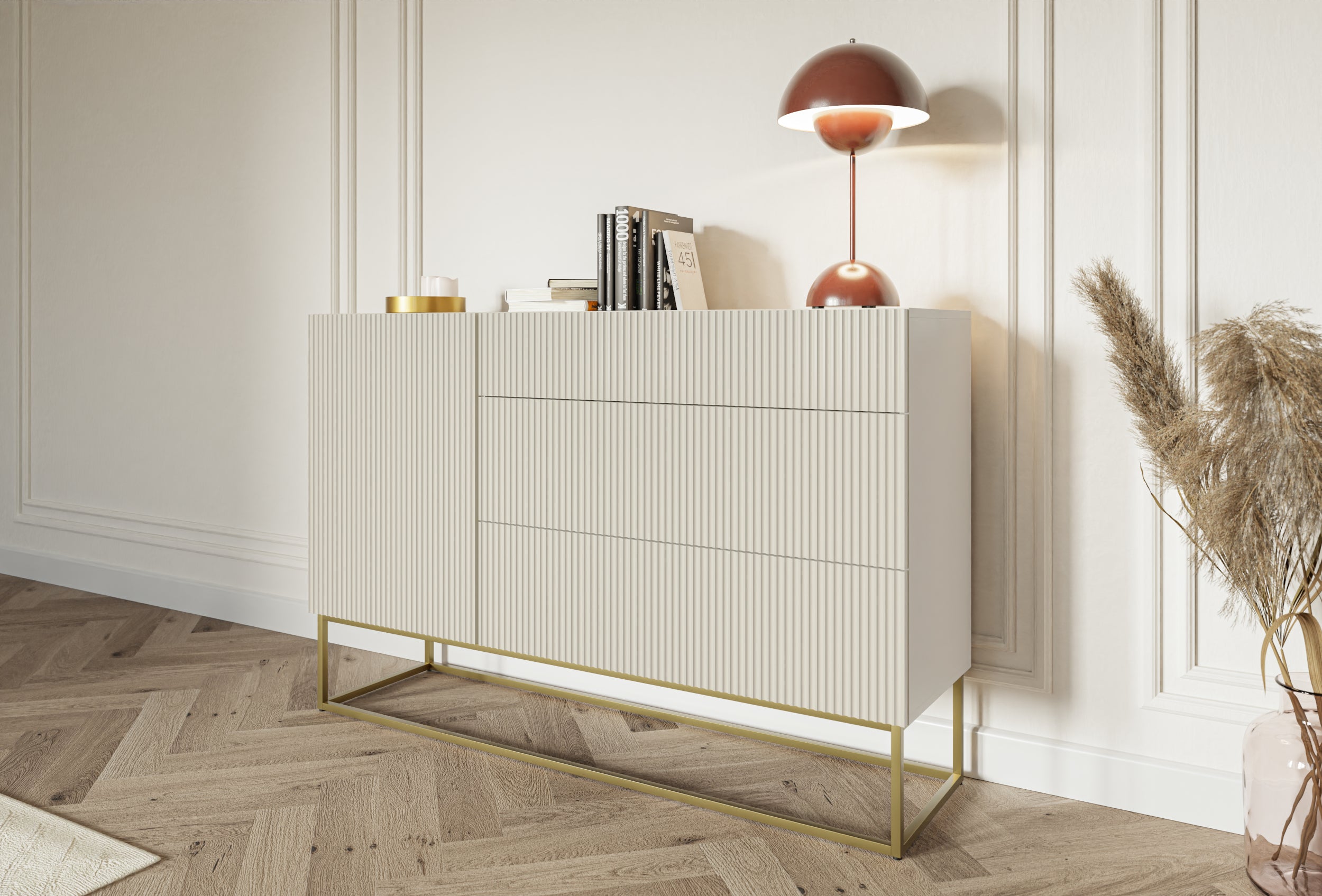 Einzeltür-Kommode Veldio mit gefräster Front und drei Schubladen, 140 cm, grau-beige mit schwarzen Beinen