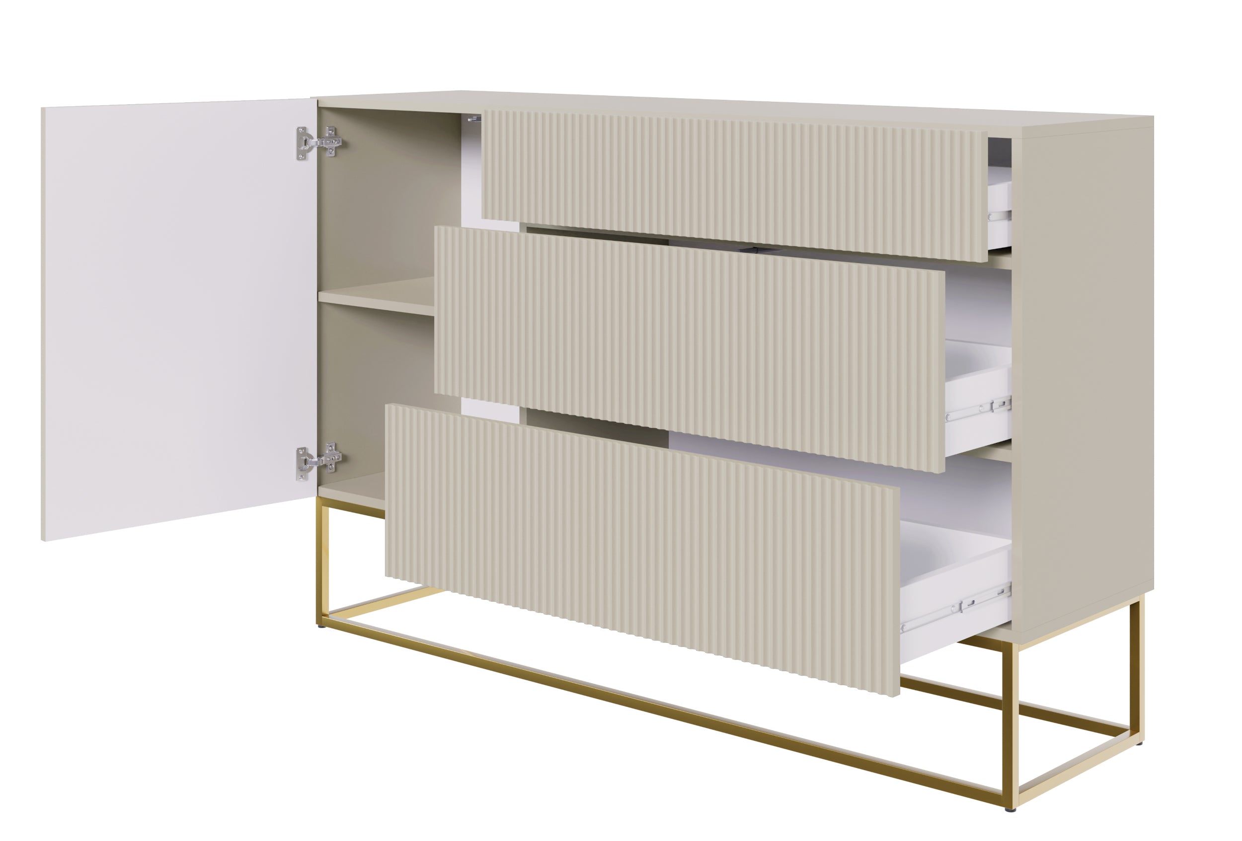 Einzeltür-Kommode Veldio mit gefräster Front und drei Schubladen, 140 cm, grau-beige mit schwarzen Beinen