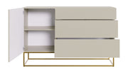 Einzeltür-Kommode Veldio mit gefräster Front und drei Schubladen, 140 cm, grau-beige mit goldenen Beinen