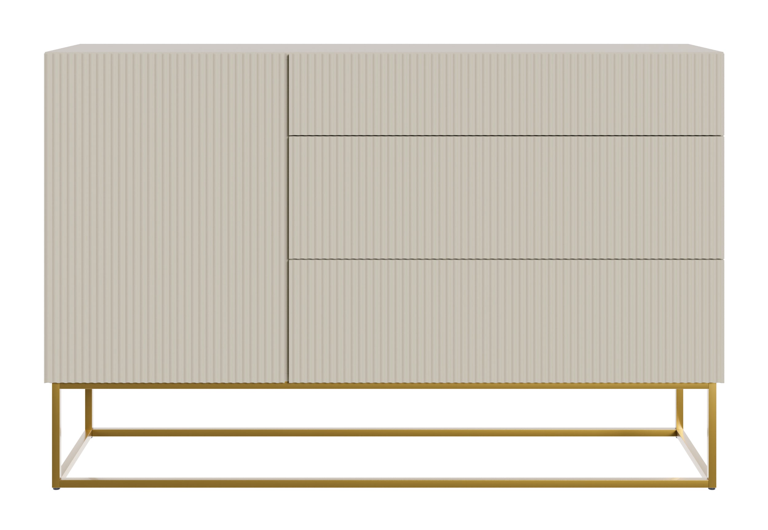 Einzeltür-Kommode Veldio mit gefräster Front und drei Schubladen, 140 cm, grau-beige mit schwarzen Beinen