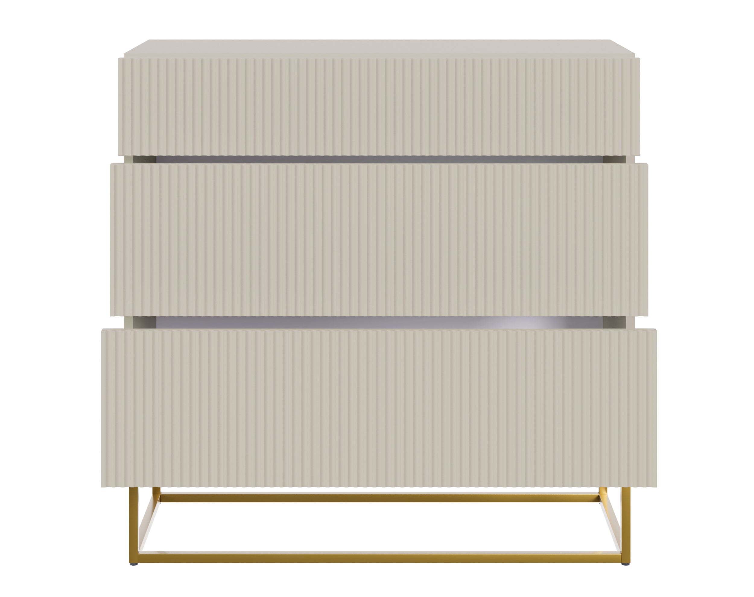 Kommode Veldio mit gefräster Front und drei Schubladen, 90 cm, Grau-Beige mit goldenen Beinen