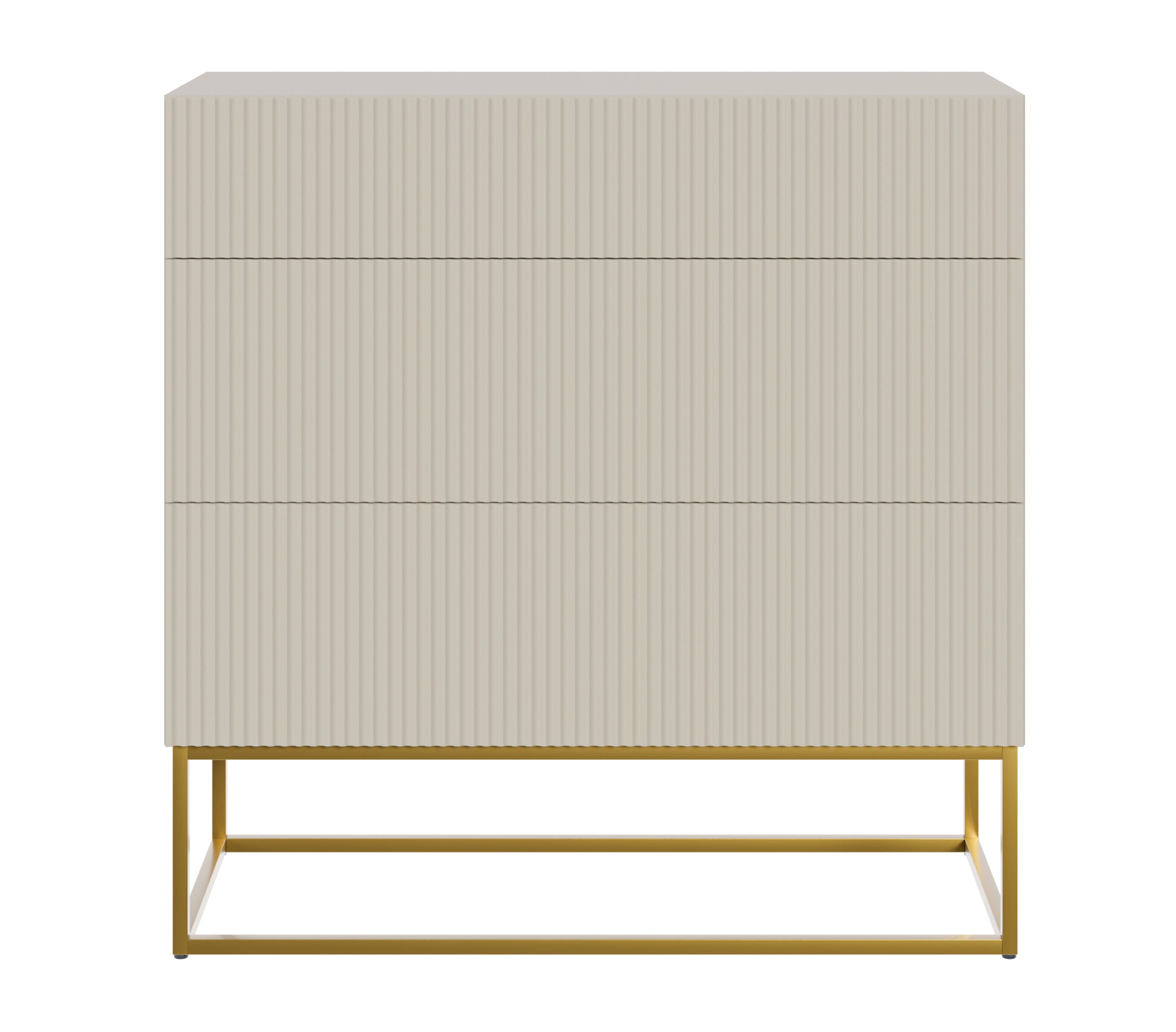 Kommode Veldio mit gefräster Front und drei Schubladen, 90 cm, Grau-Beige mit goldenen Beinen