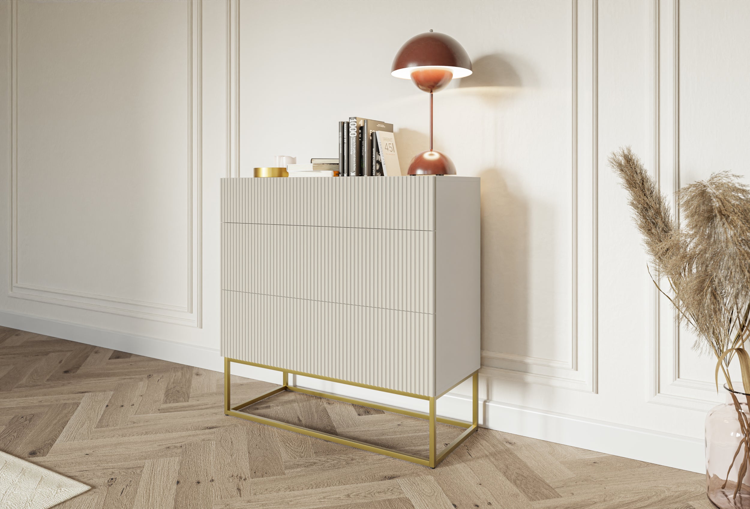 Kommode Veldio mit gefräster Front und drei Schubladen, 90 cm, Grau-Beige mit goldenen Beinen