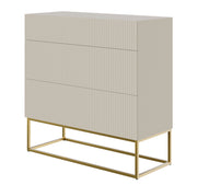 Kommode Veldio mit gefräster Front und drei Schubladen, 90 cm, Grau-Beige mit goldenen Beinen