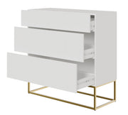 Kommode Veldio mit gefräster Front und drei Schubladen, 90 cm, Weiß mit goldenen Beinen