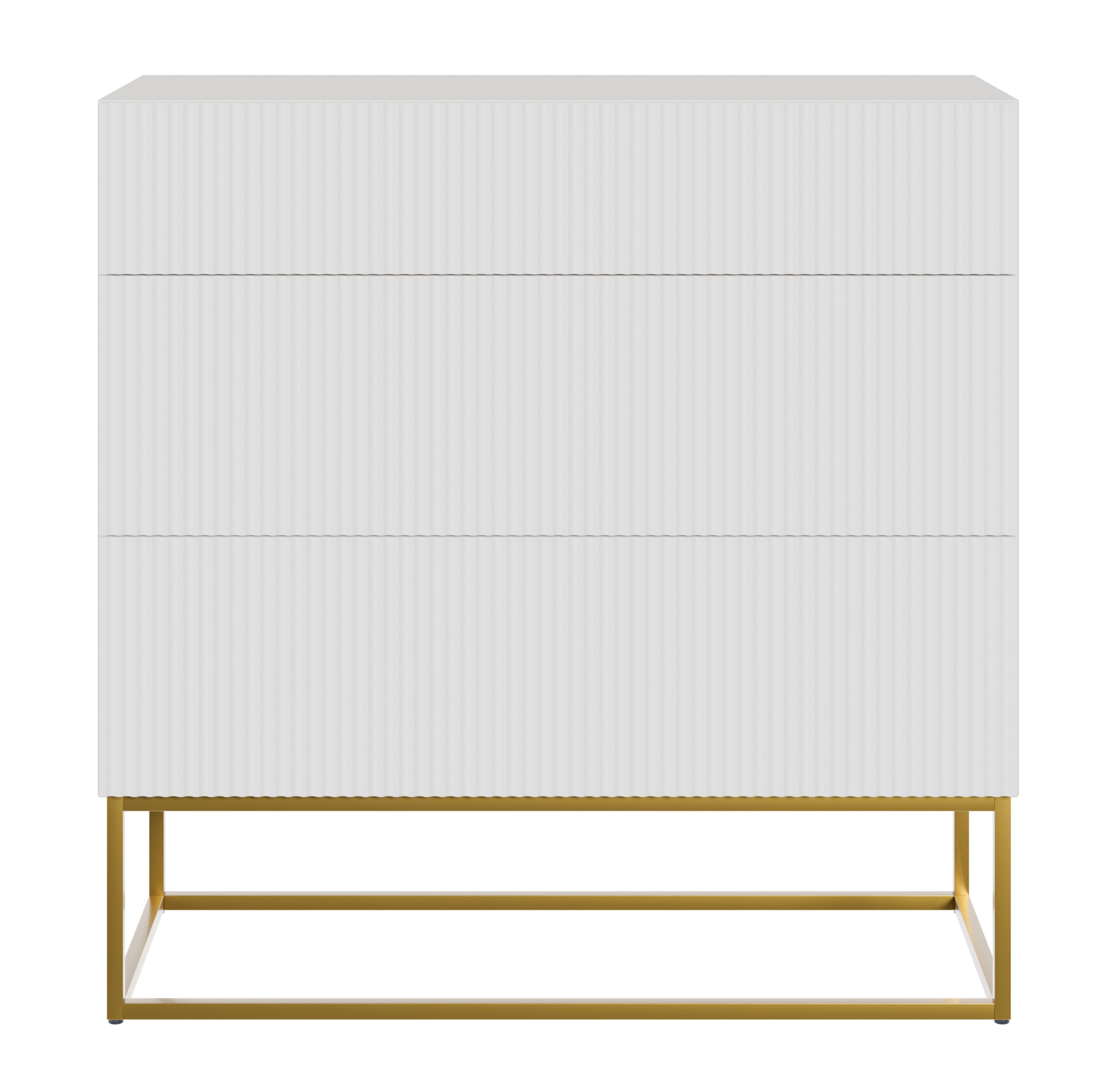 Kommode Veldio mit gefräster Front und drei Schubladen, 90 cm, Weiß mit goldenen Beinen
