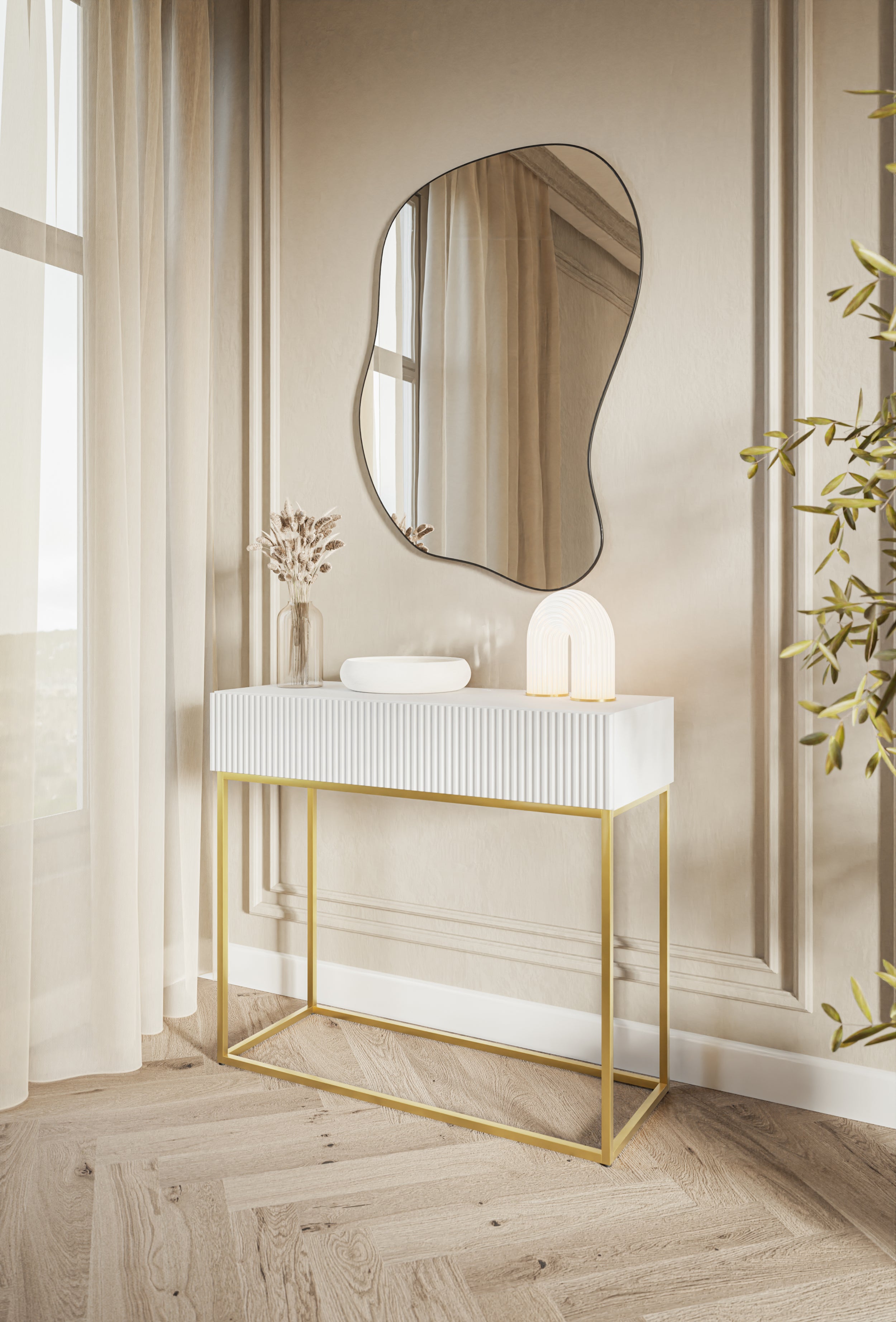 Veldio-Konsole mit gefräster Front und 90 cm Schublade, grau-beige mit schwarzen Beinen