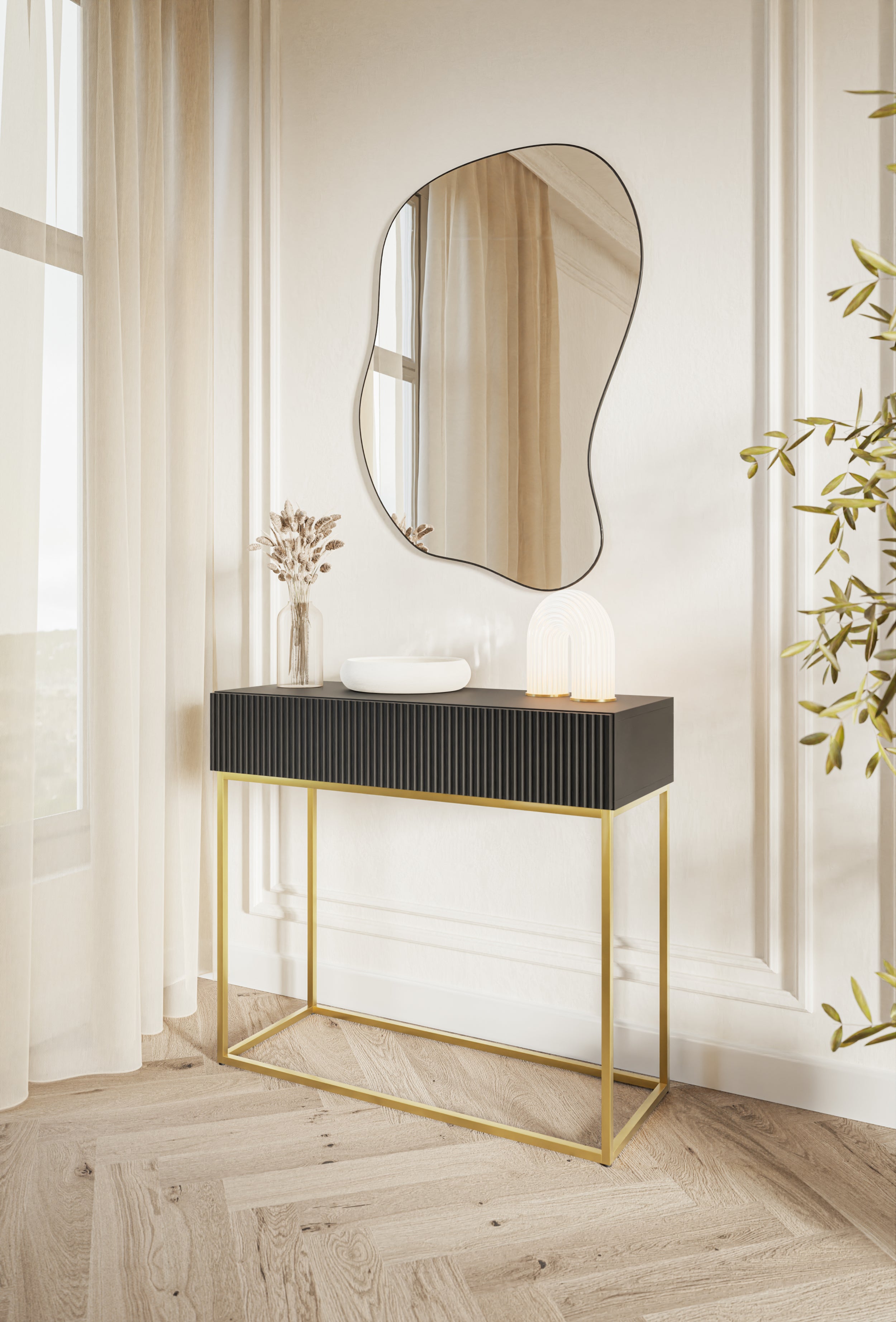 Veldio-Konsole mit gefräster Front und 90 cm Schublade Schwarz mit goldenen Beinen