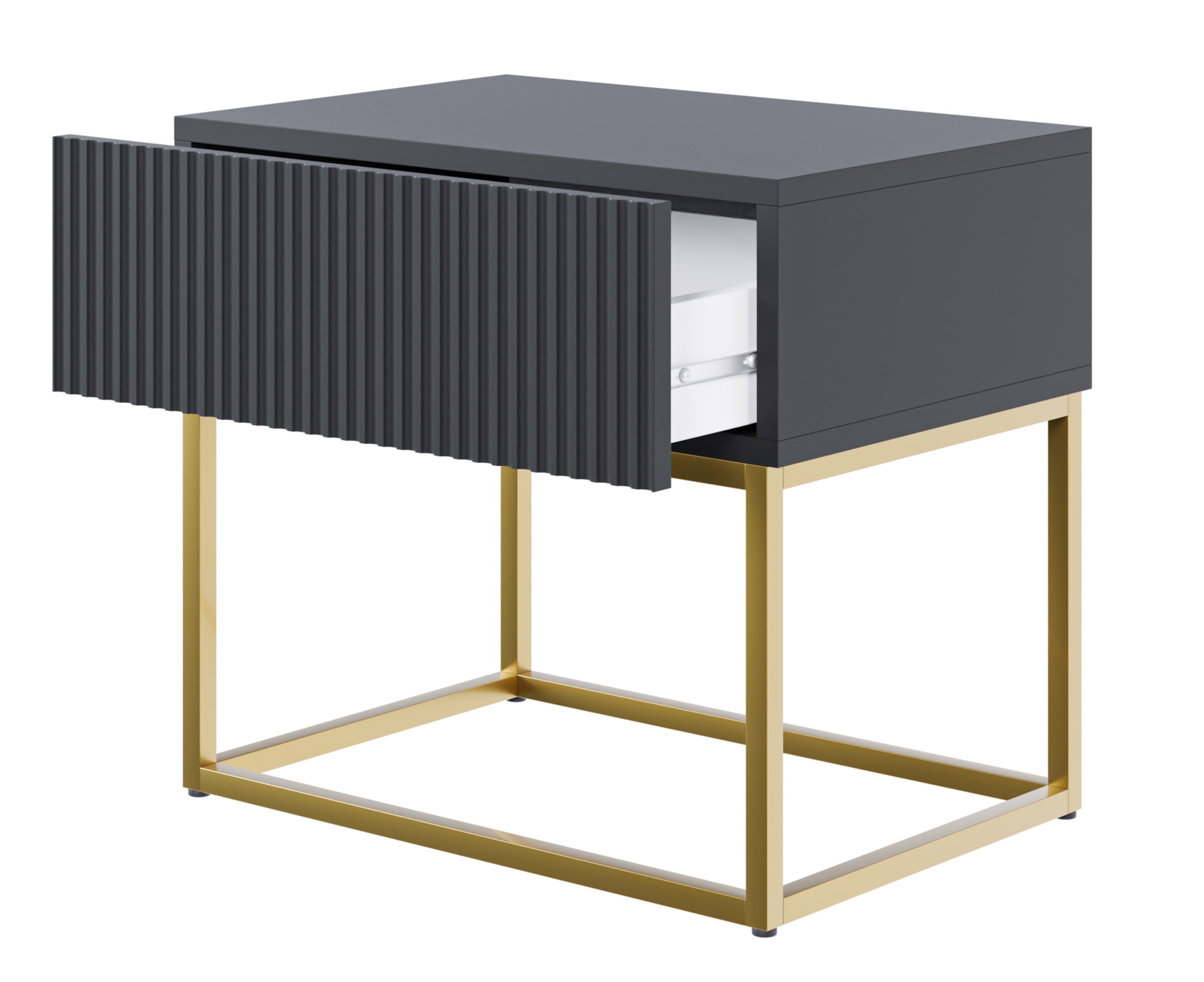 Nachttisch Veldio mit gefräster Front und Schublade 50 cm Schwarz mit goldenen Beinen