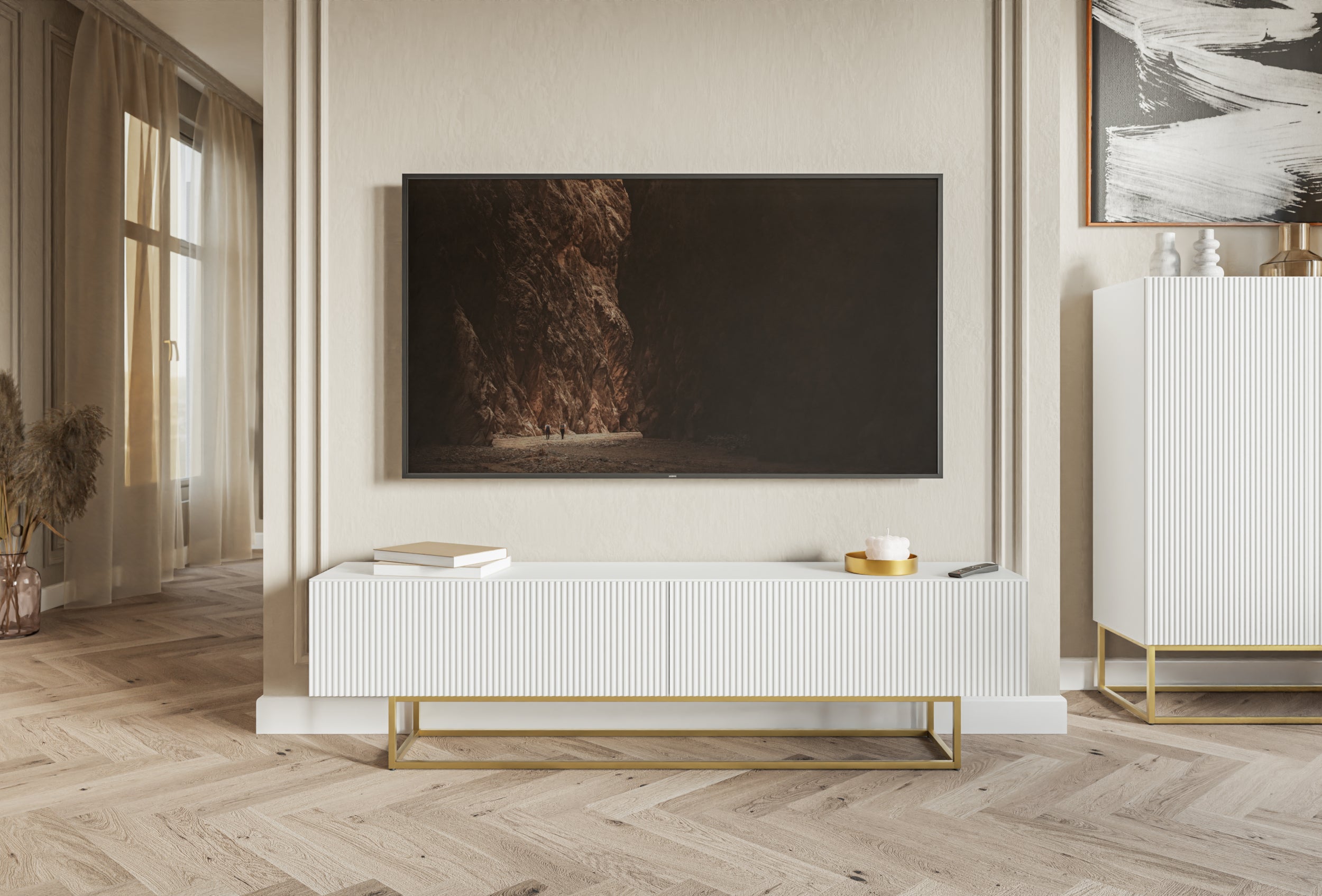 TV-Schrank Veldio mit gefräster Front 175 cm Grau-Beige mit schwarzen Beinen