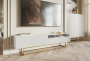 TV-Schrank Veldio mit gefräster Front und Nische, 175 cm, Weiß mit goldenen Beinen