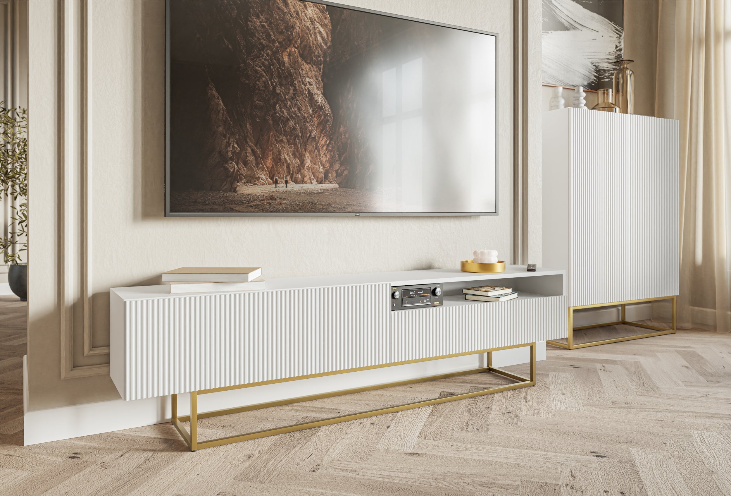 TV-Schrank Veldio mit gefräster Front und Nische, 175 cm, Weiß mit goldenen Beinen