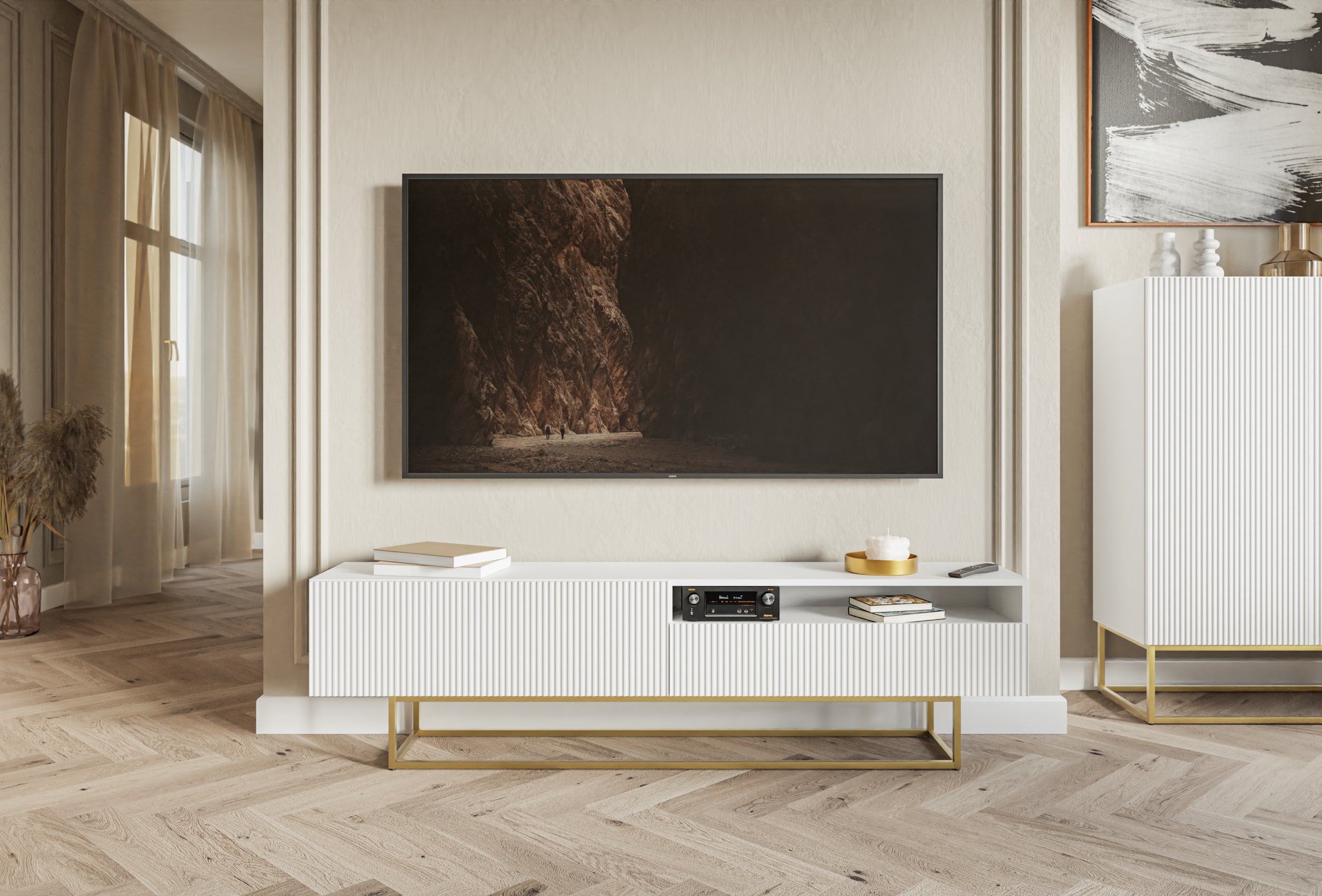 TV-Schrank Veldio mit gefräster Front und Nische, 175 cm, Weiß mit goldenen Beinen