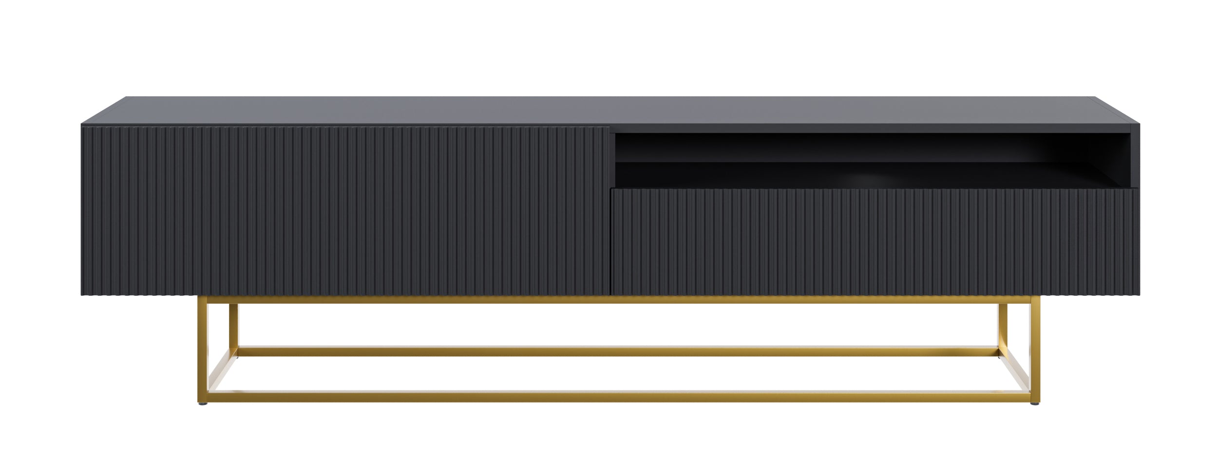 TV-Schrank Veldio mit gefräster Front und Nische, 175 cm, Schwarz mit goldenen Beinen