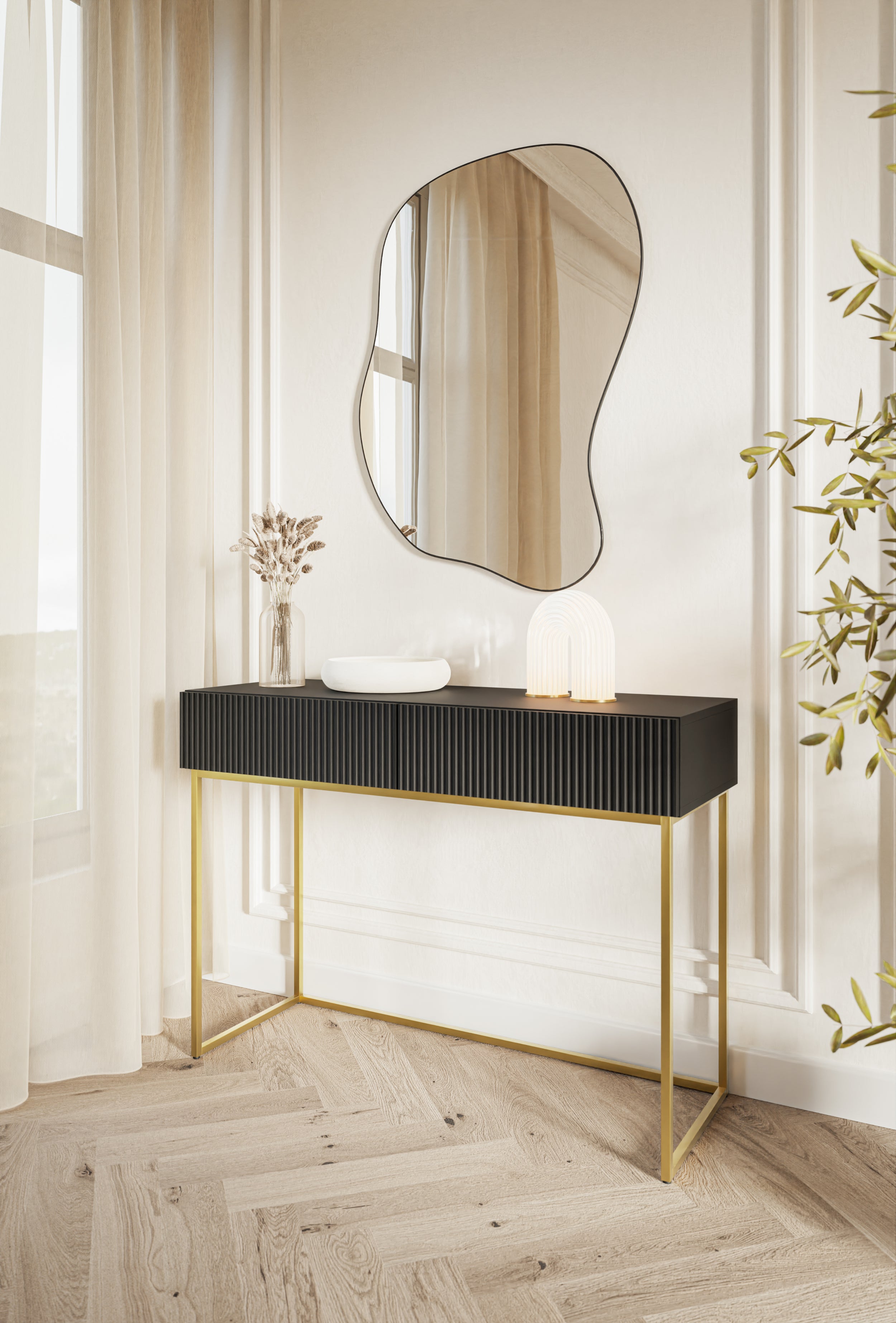 Toilettentisch Veldio mit gefräster Front und zwei Schubladen, 110 cm, Schwarz mit goldenen Beinen