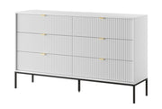 Kommode mit sechs Schubladen Vellore 154 cm weiß mit gerillten Fronten und schwarzem Gestell