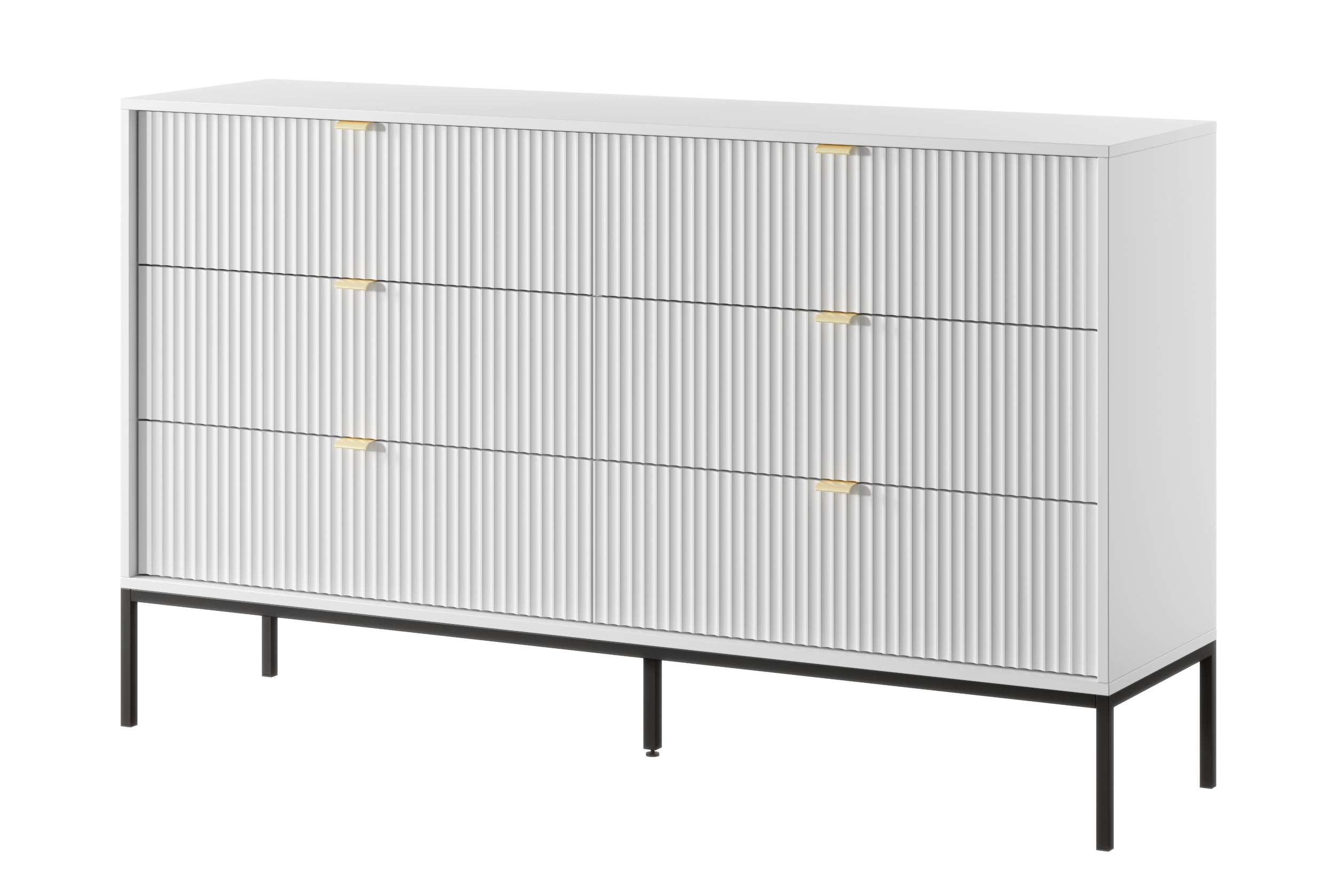 Kommode mit sechs Schubladen Vellore 154 cm weiß mit gerillten Fronten und schwarzem Gestell