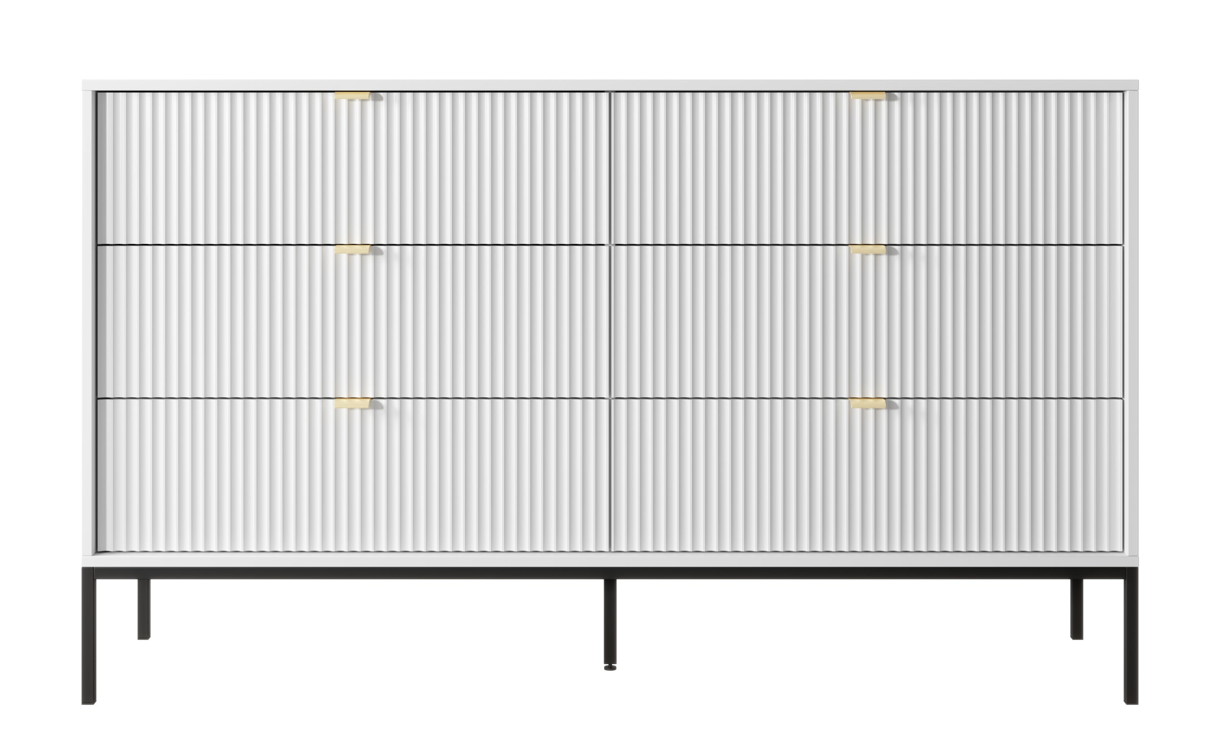 Kommode mit sechs Schubladen Vellore 154 cm weiß mit gerillten Fronten und schwarzem Gestell
