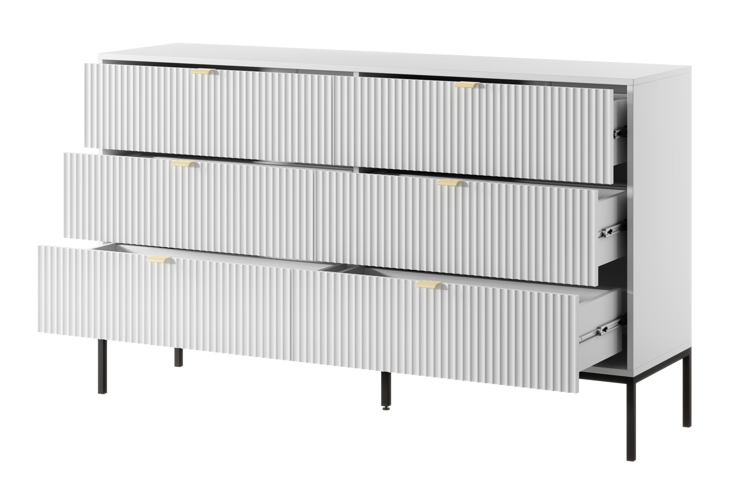 Kommode mit sechs Schubladen Vellore 154 cm weiß mit gerillten Fronten und schwarzem Gestell