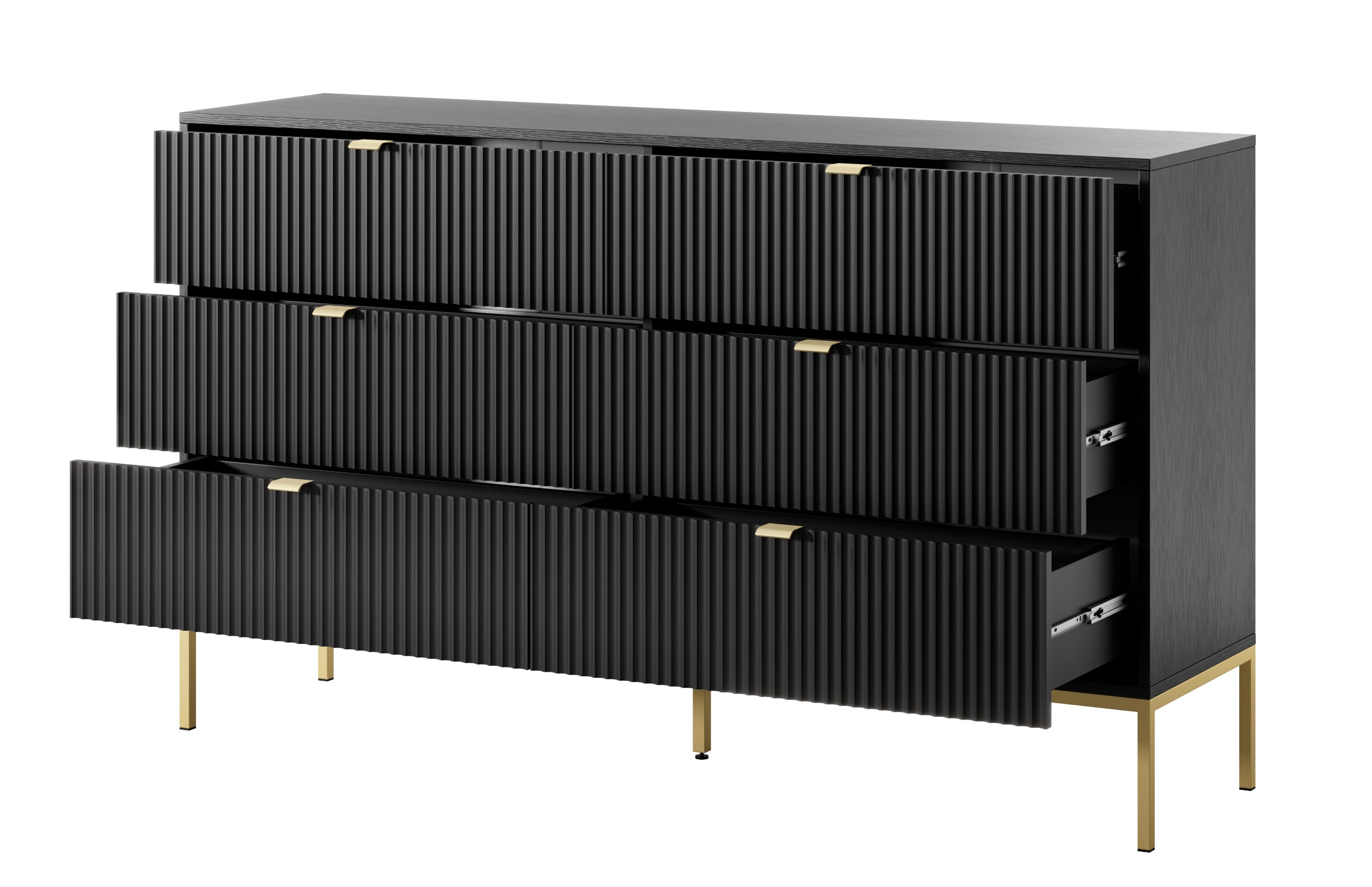 Sechsschubladige Kommode Vellore 154 cm schwarz mit gerillten Fronten und goldenem Gestell