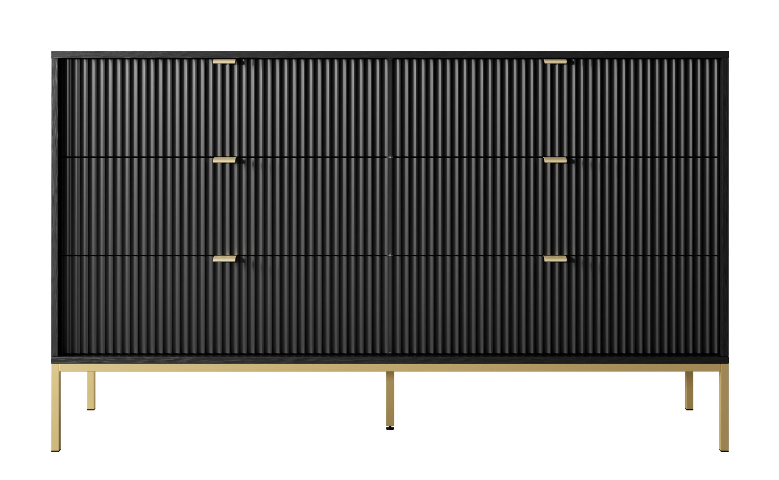 Sechsschubladige Kommode Vellore 154 cm schwarz mit gerillten Fronten und goldenem Gestell