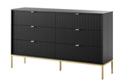 Sechsschubladige Kommode Vellore 154 cm schwarz mit gerillten Fronten und goldenem Gestell