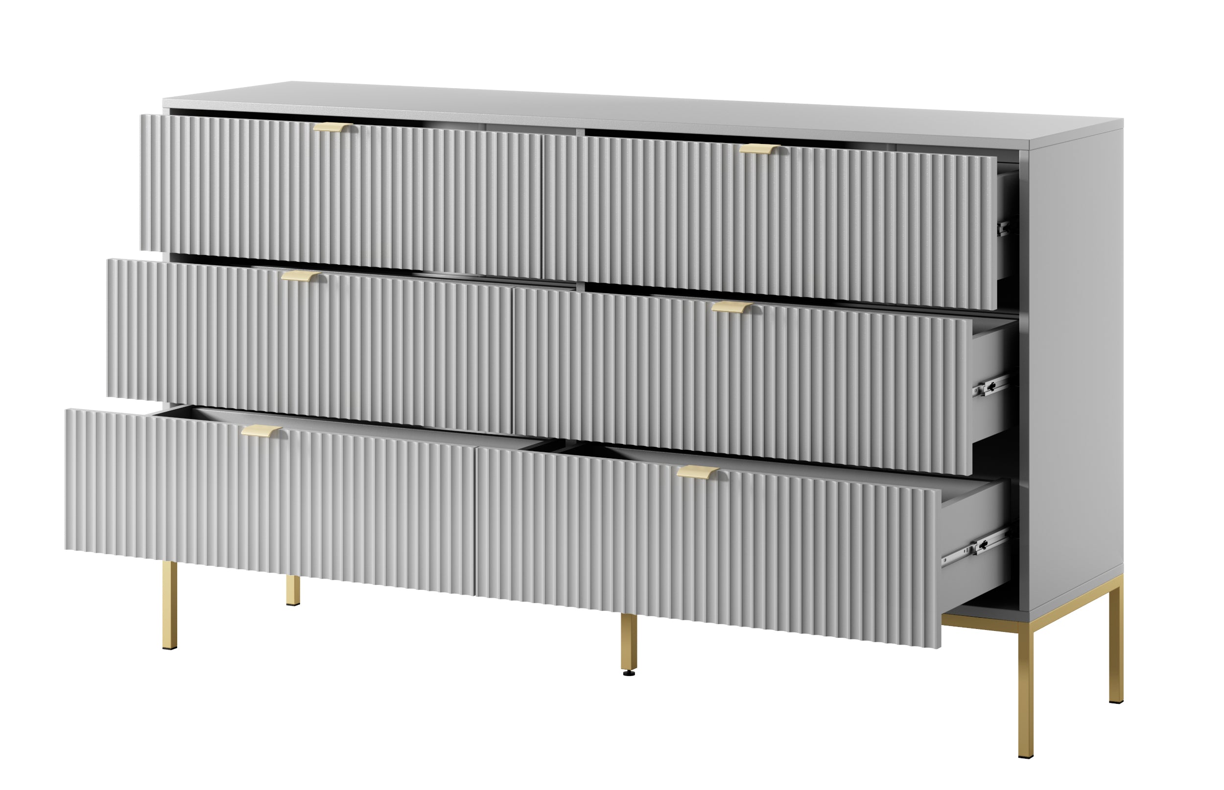 Sechsschubladige Kommode Vellore 154 cm grau mit gerillten Fronten und goldenem Gestell