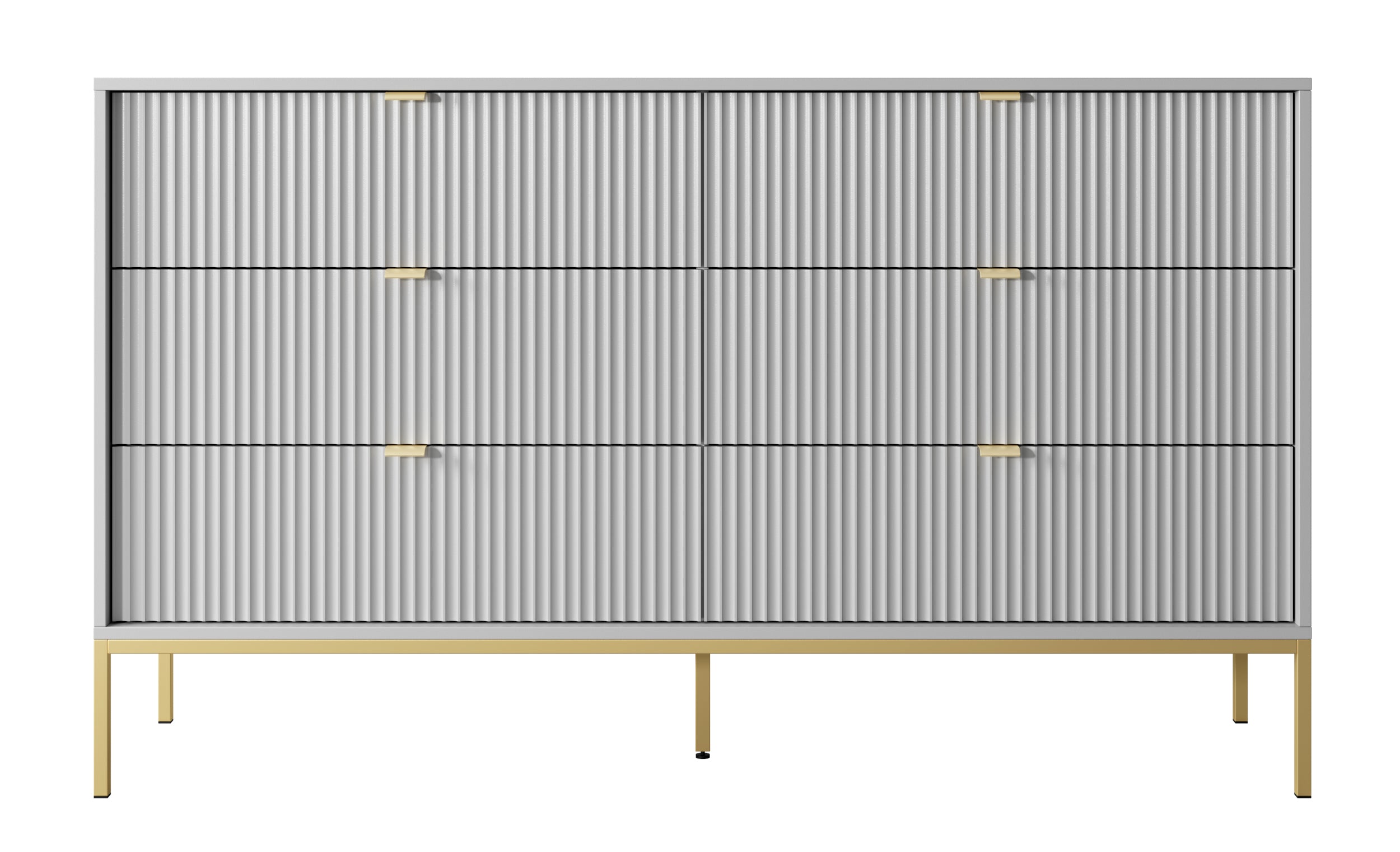 Sechsschubladige Kommode Vellore 154 cm grau mit gerillten Fronten und goldenem Gestell