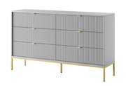 Sechsschubladige Kommode Vellore 154 cm grau mit gerillten Fronten und goldenem Gestell