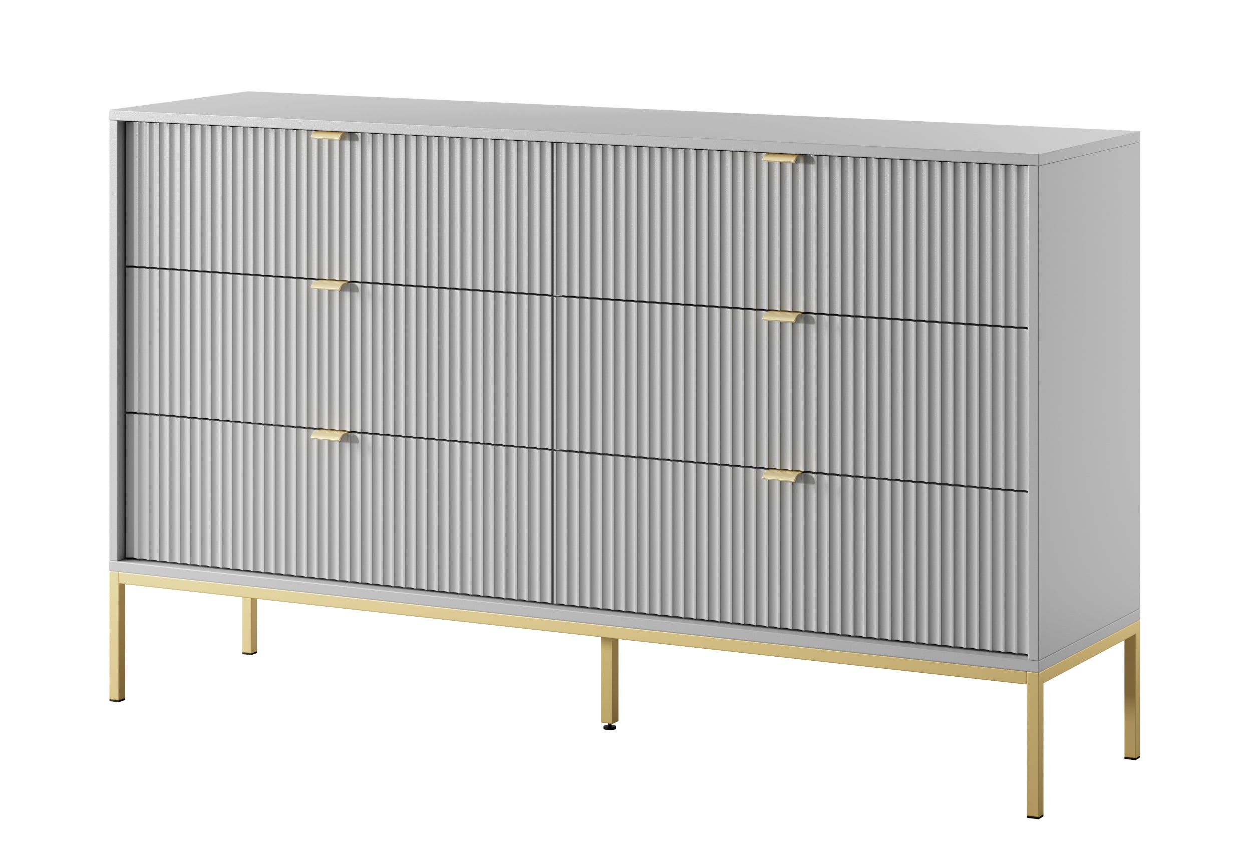Sechsschubladige Kommode Vellore 154 cm grau mit gerillten Fronten und goldenem Gestell