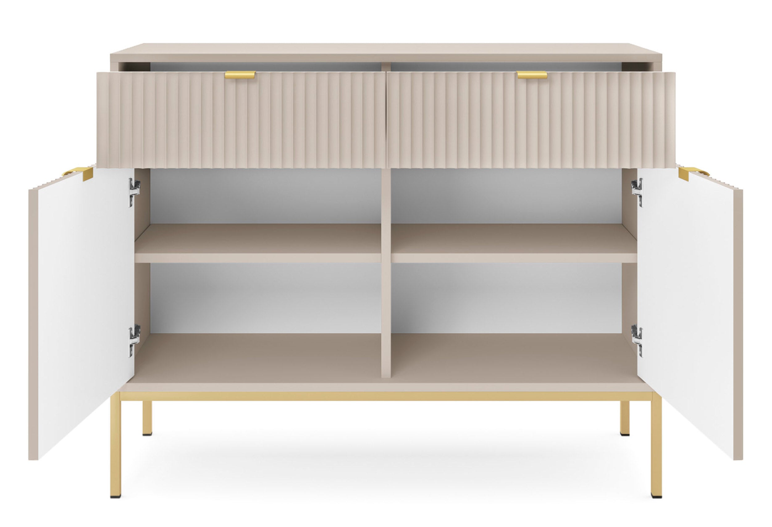Zweiturige Kommode Vellore 104 cm Kaschmir mit gerillten Fronten und goldenem Gestell