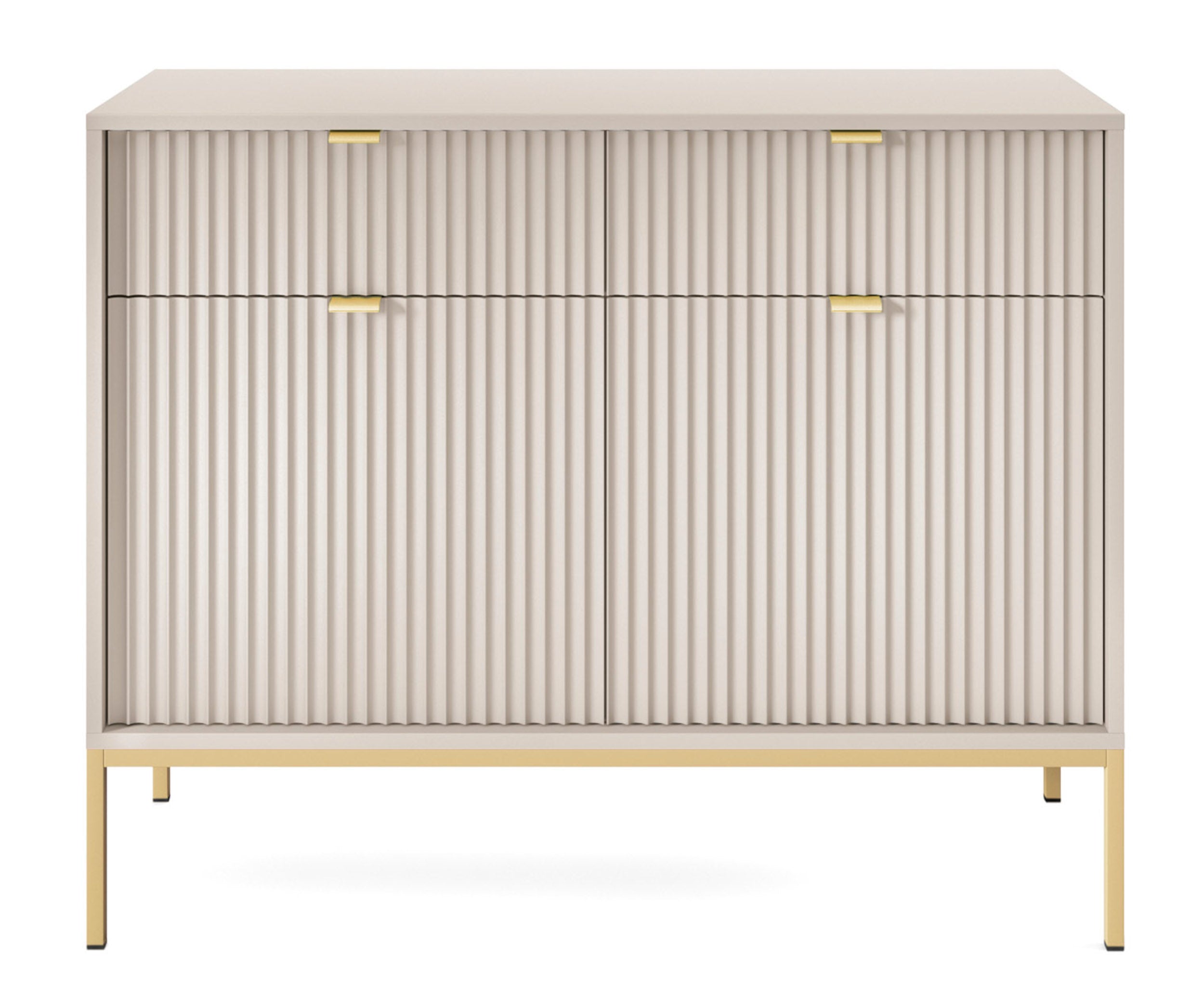 Zweiturige Kommode Vellore 104 cm Kaschmir mit gerillten Fronten und goldenem Gestell