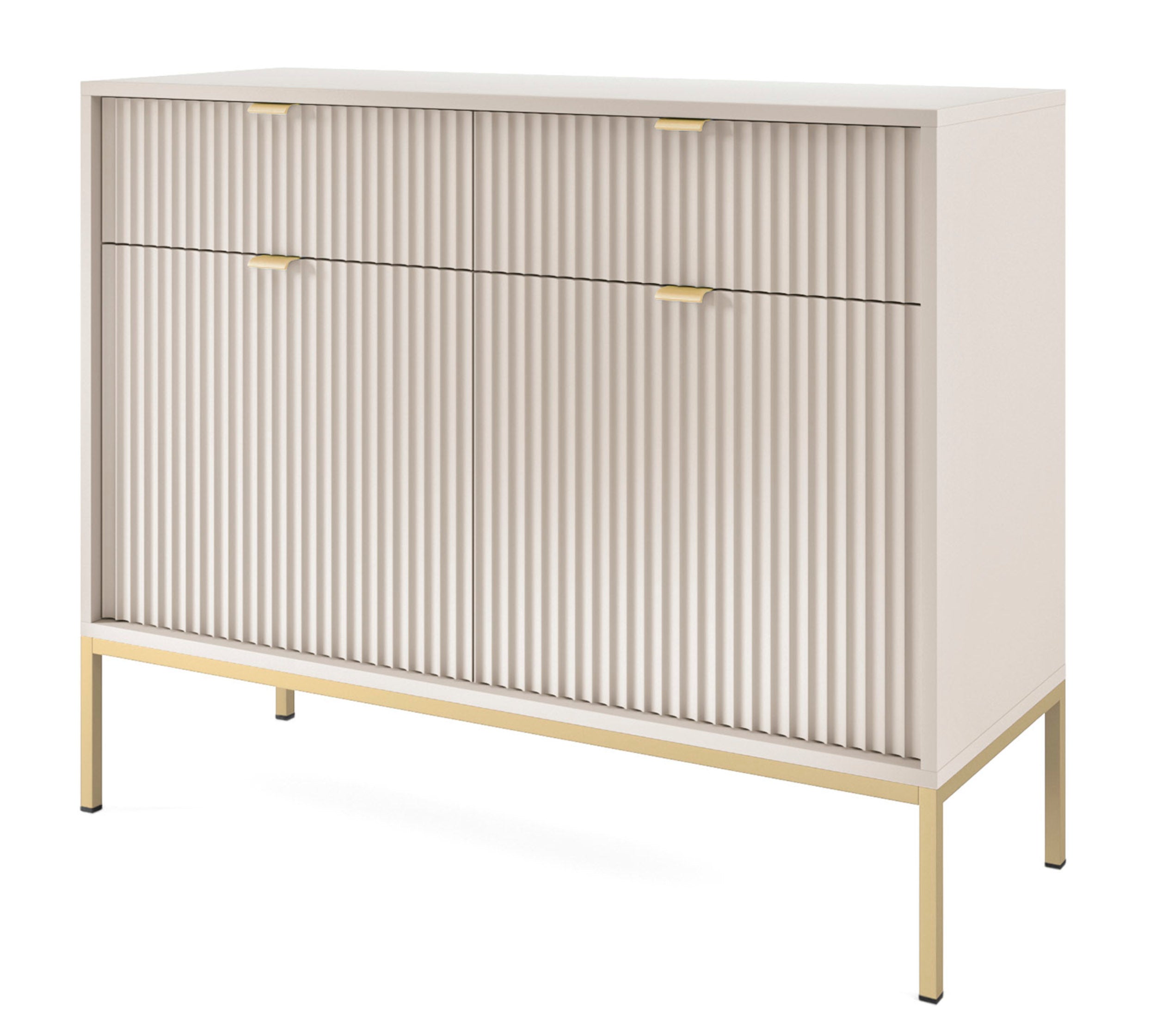 Zweiturige Kommode Vellore 104 cm Kaschmir mit gerillten Fronten und goldenem Gestell