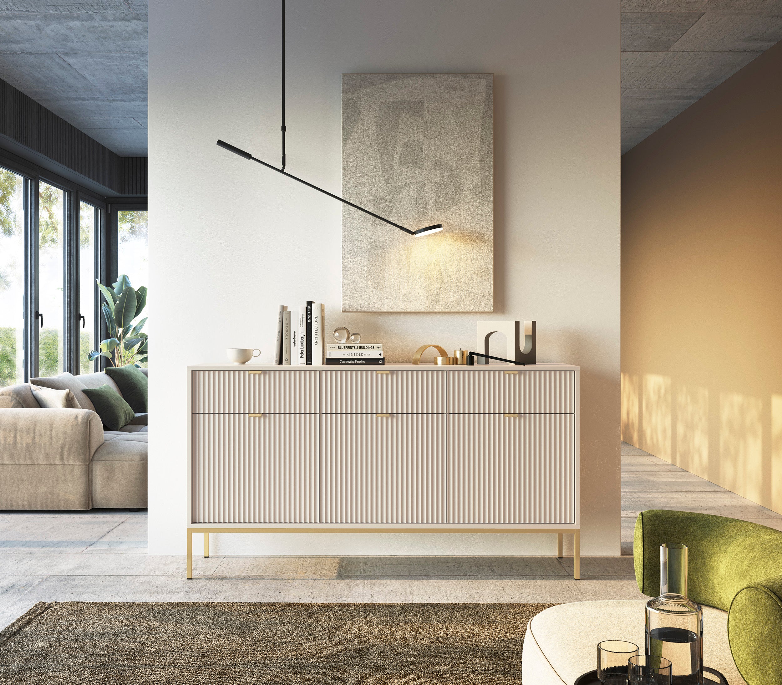 Drehtür-Kommode Vellore 154 cm Kaschmir mit gerillten Fronten und goldenem Gestell