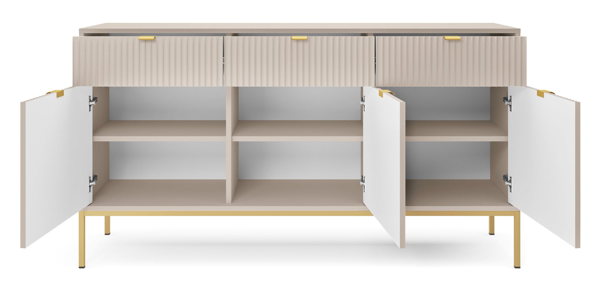 Drehtür-Kommode Vellore 154 cm Kaschmir mit gerillten Fronten und goldenem Gestell