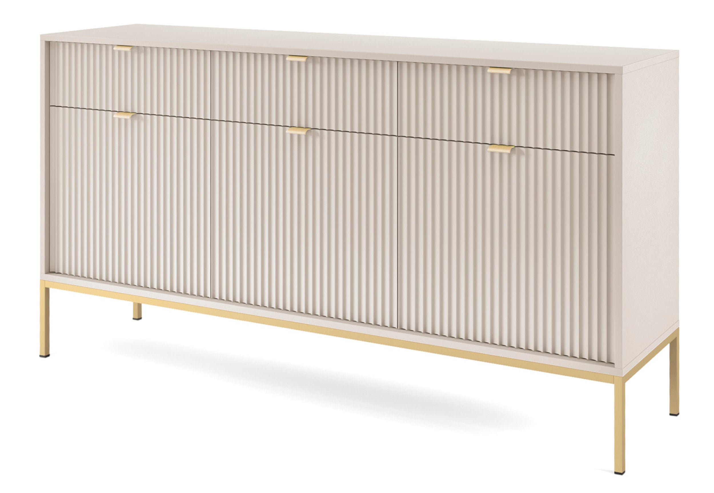 Drehtür-Kommode Vellore 154 cm Kaschmir mit gerillten Fronten und goldenem Gestell