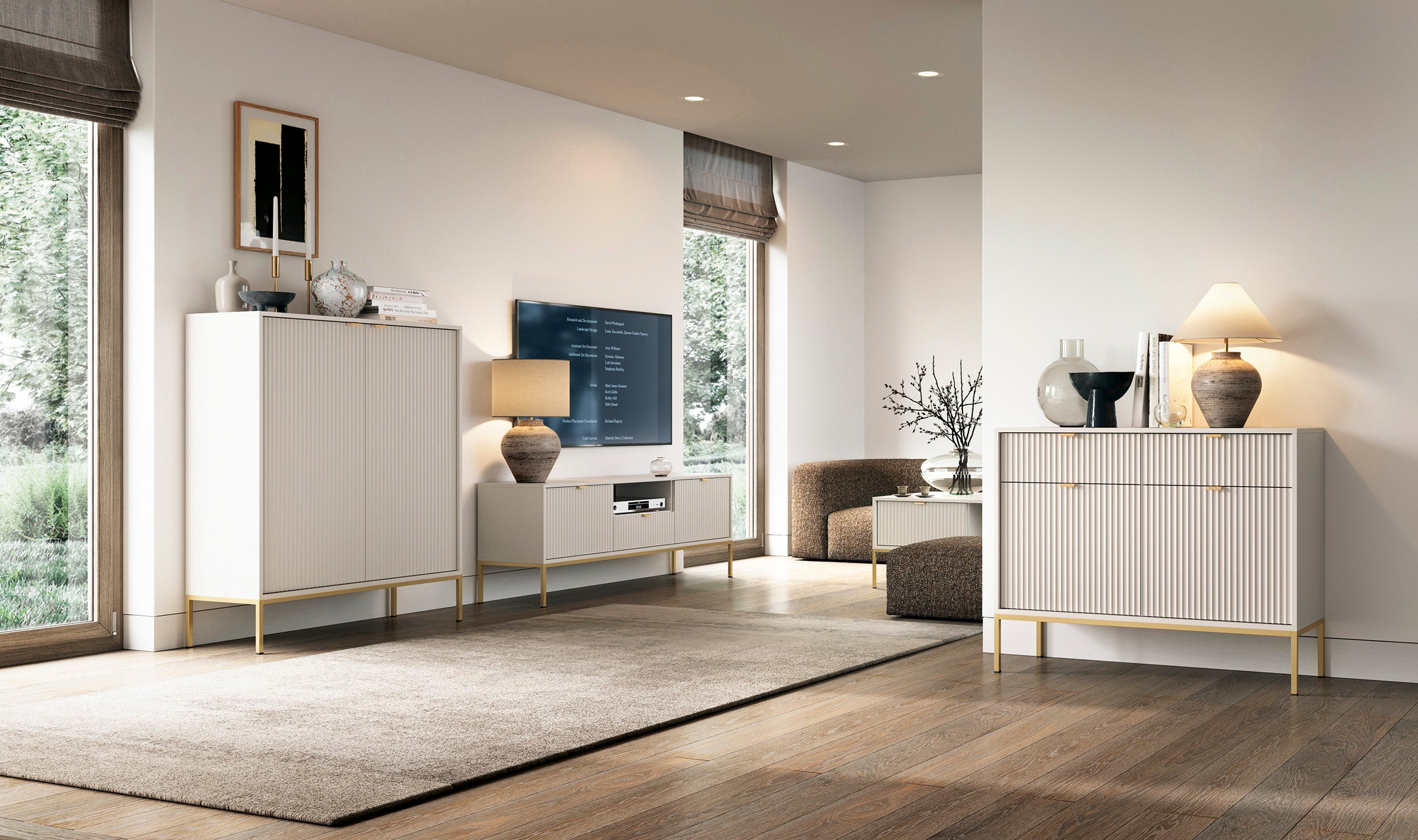 Zweiturige Kommode Vellore 104 cm Kaschmir mit gerillten Fronten und goldenem Gestell