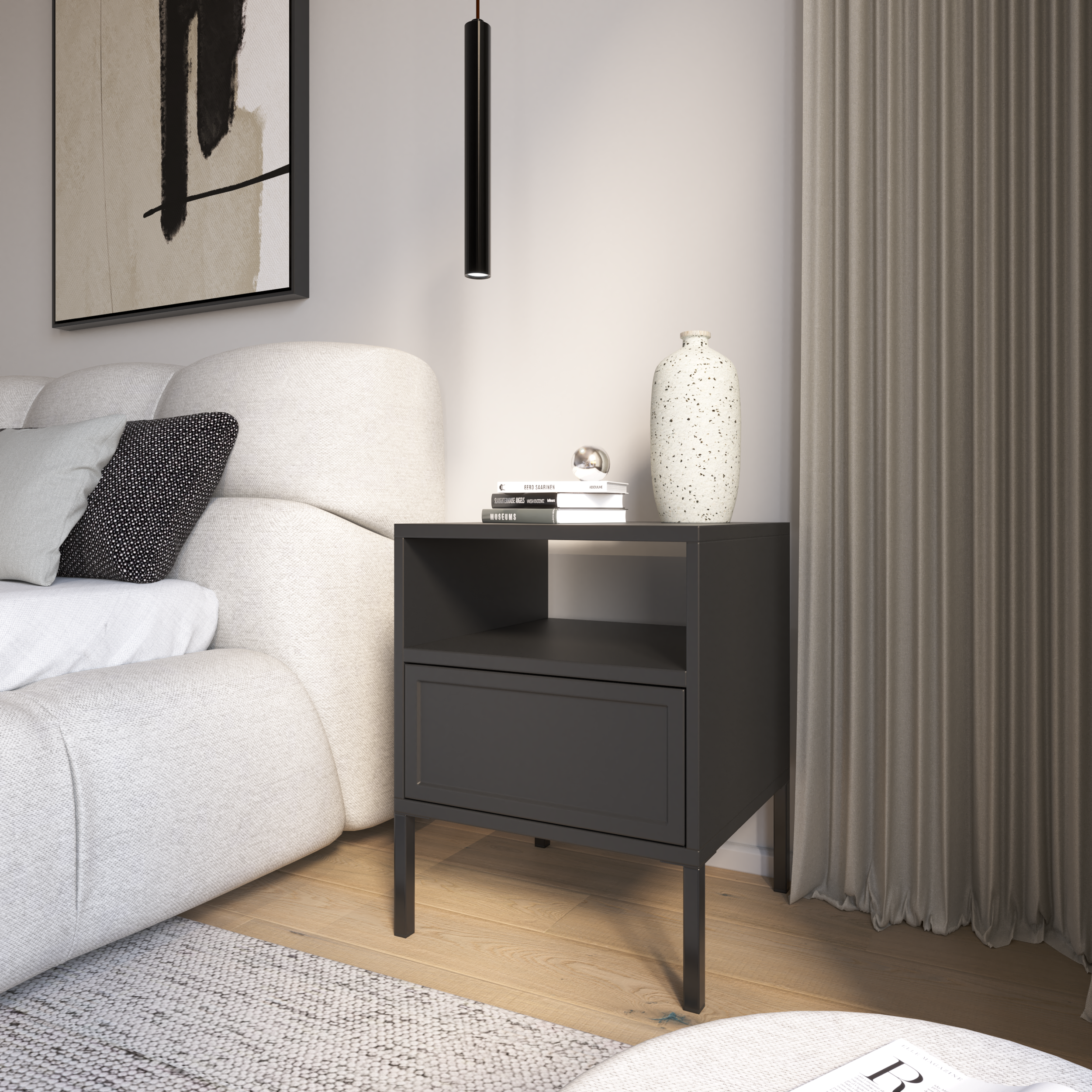 Nachttisch Velveto mit Schublade und Fach, 45 cm, schwarz