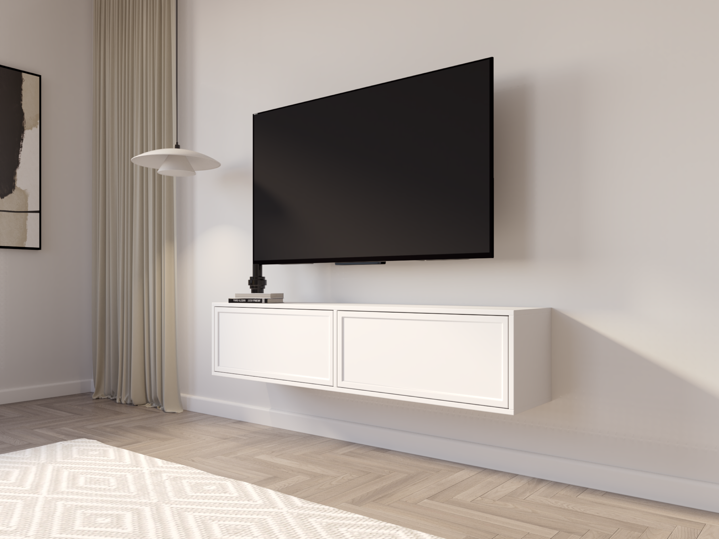 Hängender Velveto TV-Schrank mit zwei Klapptüren, 140 cm, weiß