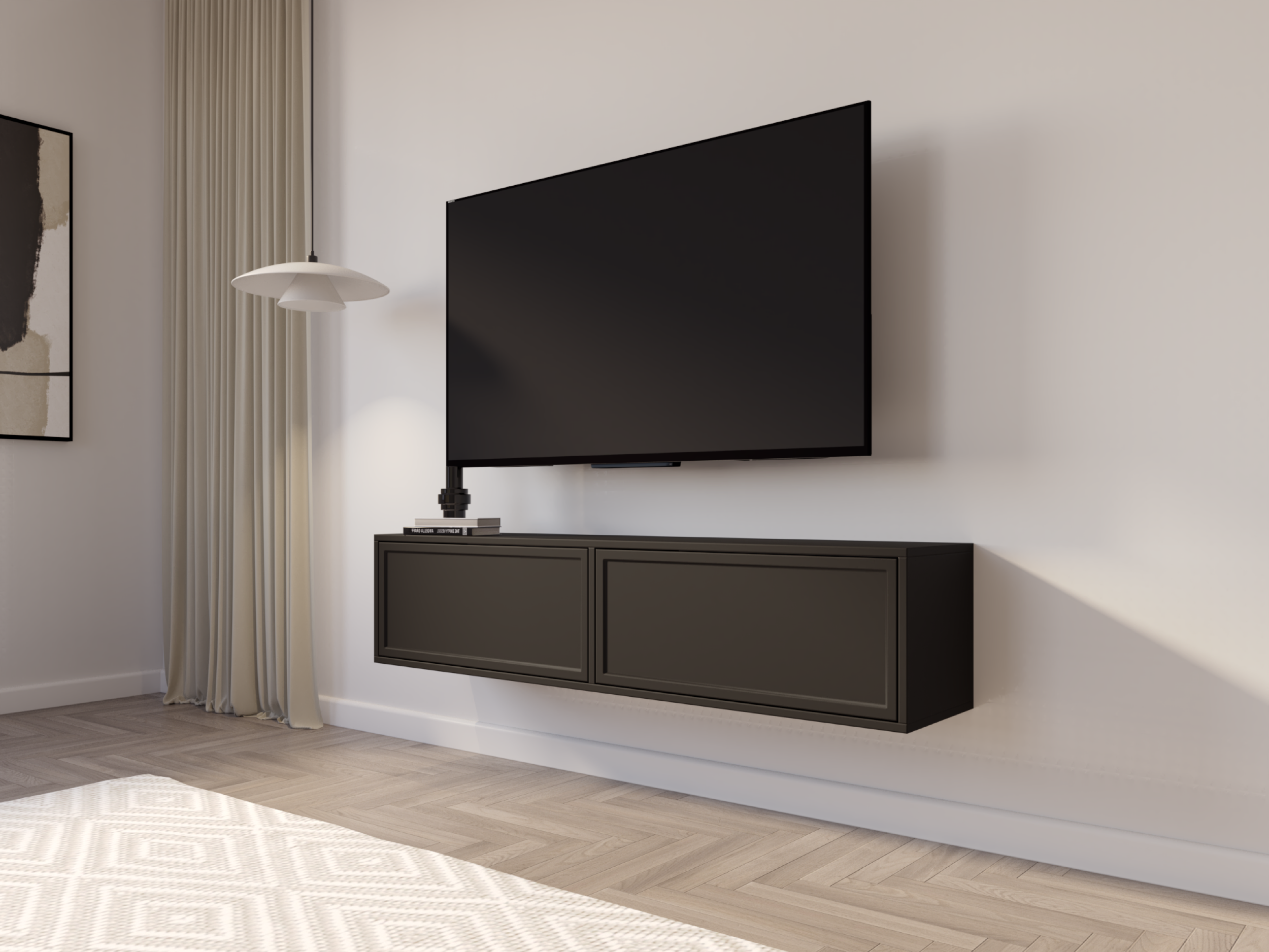 Hängender TV-Schrank Velveto mit zwei Klappen, 140 cm, schwarz