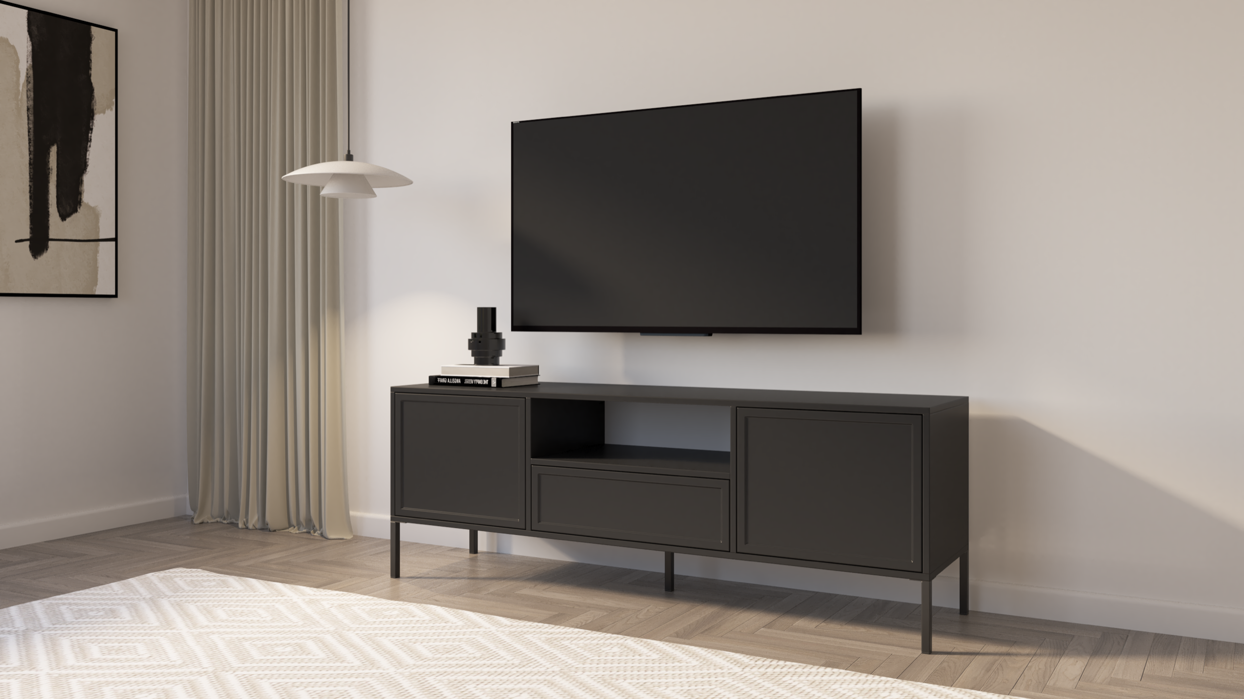TV-Schrank Velveto, zweitürig mit Schublade und Nische, 160 cm, schwarz