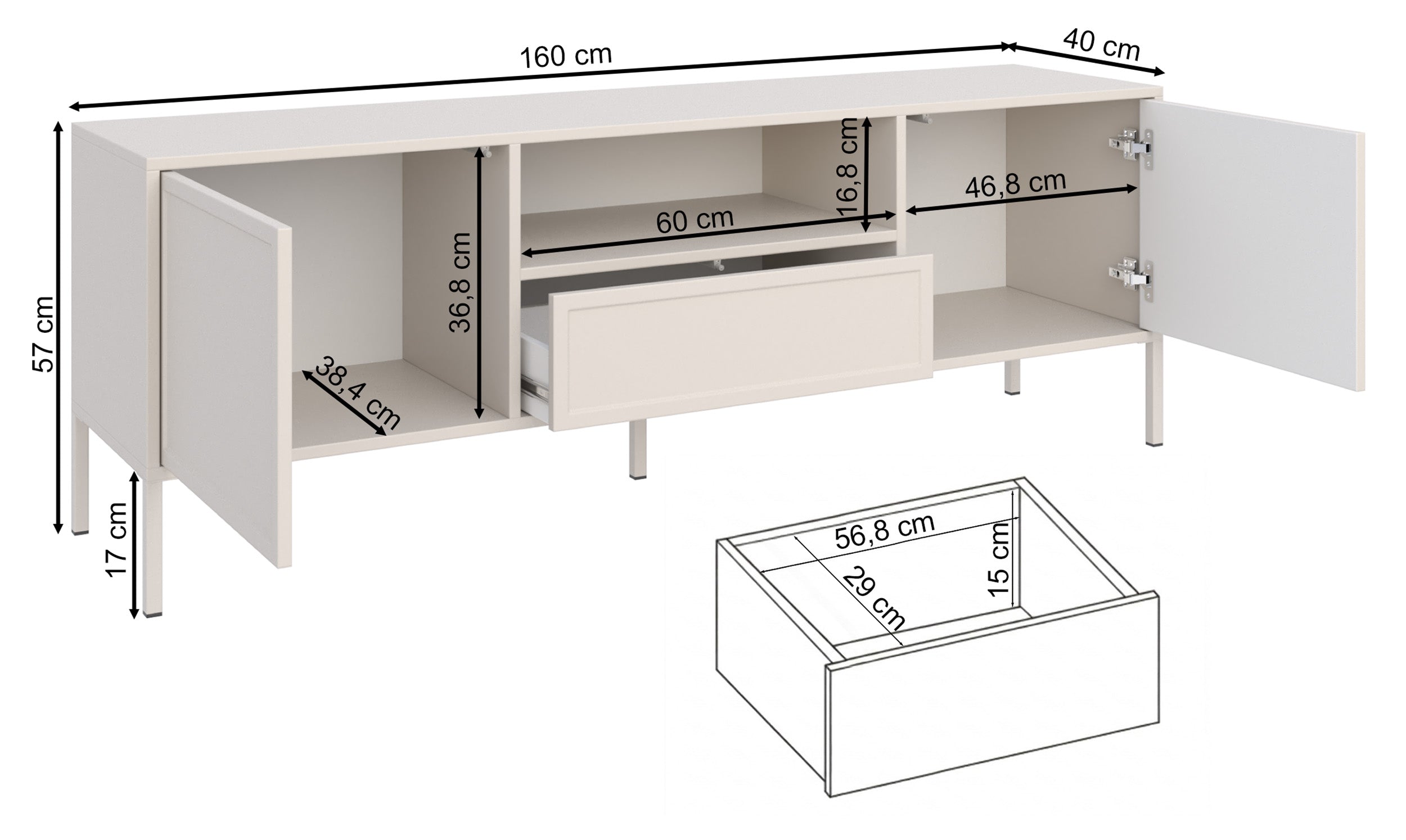 TV-Schrank Velveto, zweitürig mit Schublade und Nische, 160 cm, schwarz