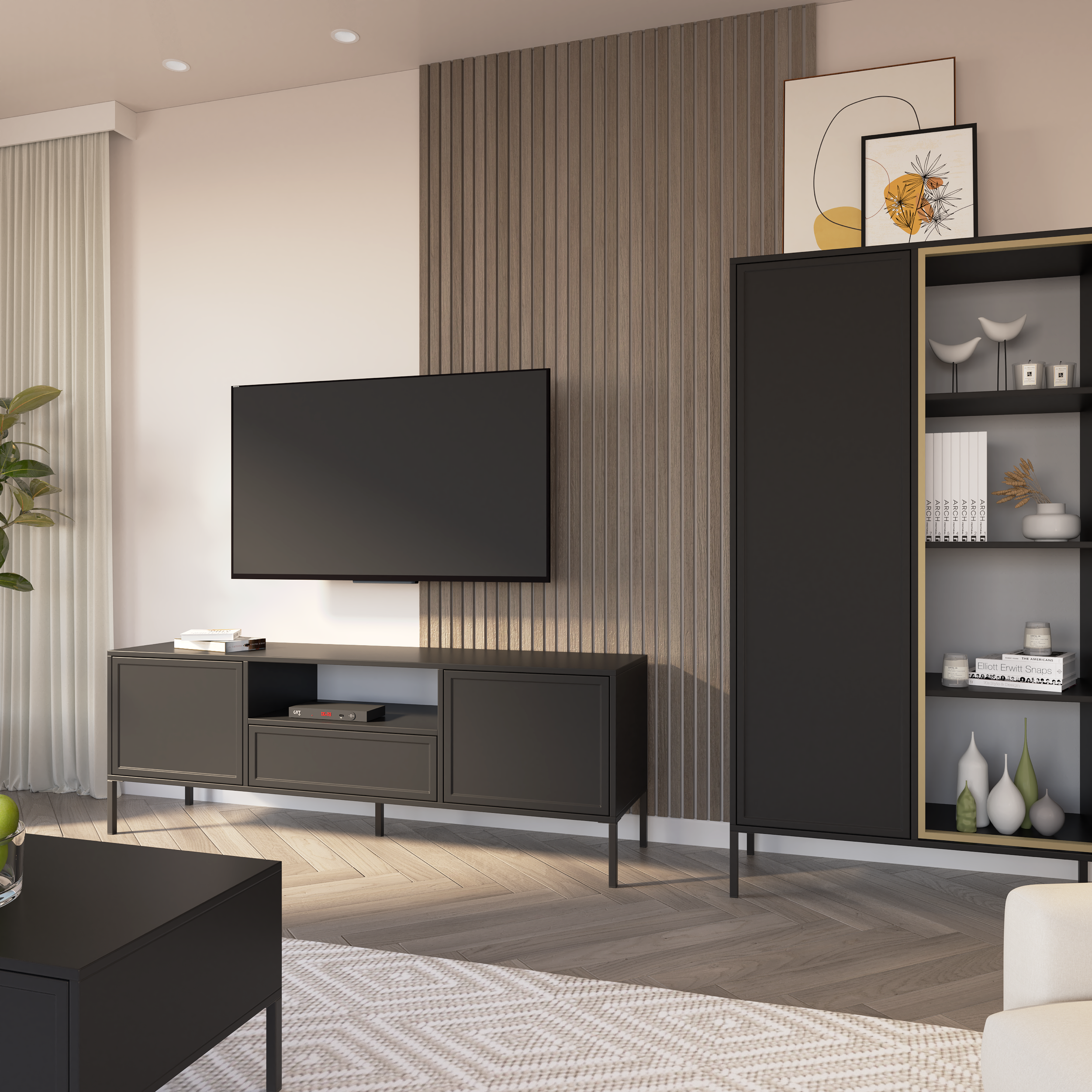 TV-Schrank Velveto, zweitürig mit Schublade und Nische, 160 cm, schwarz