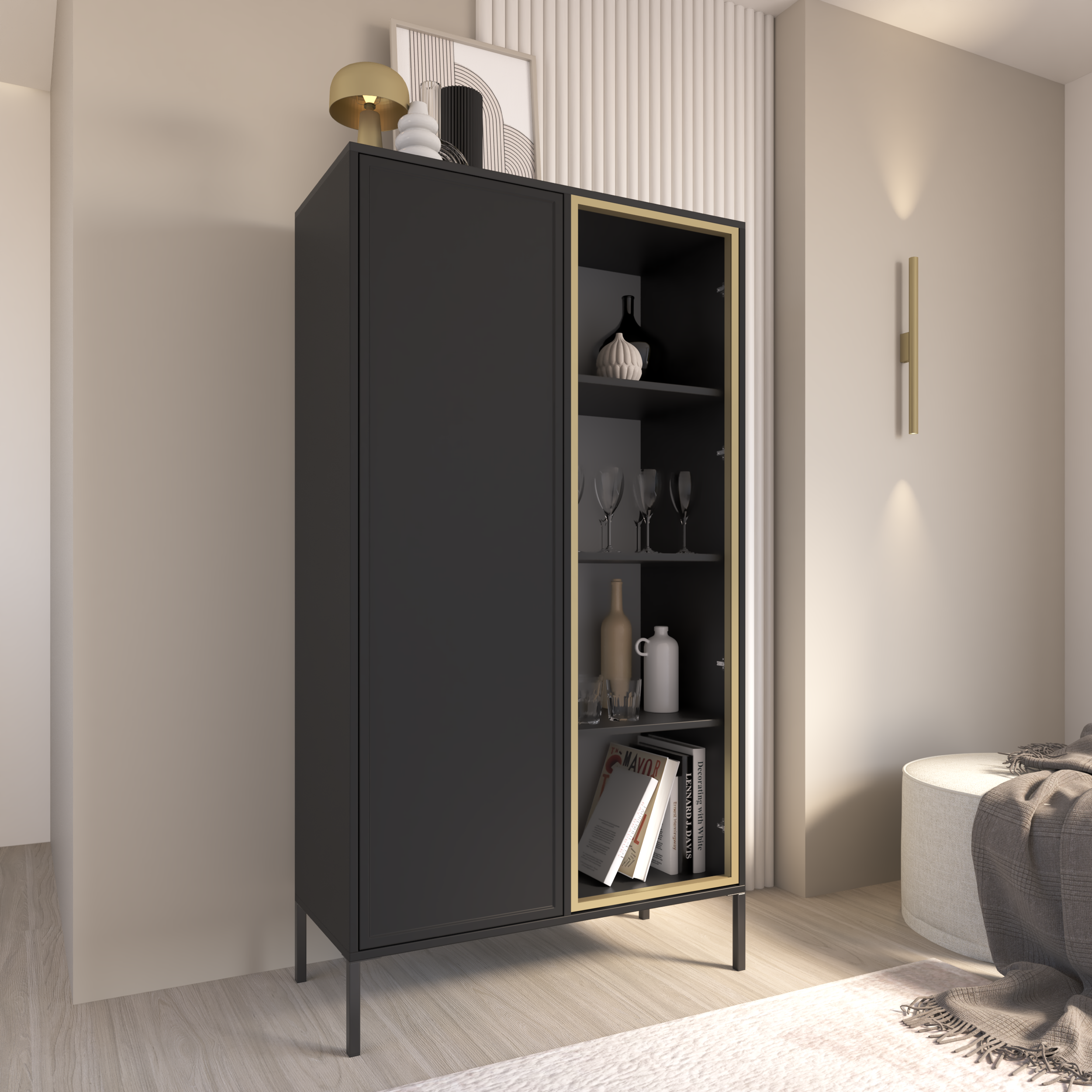 Zweiflügeliger Velveto-Schrank mit Glastür, 90 cm, schwarz