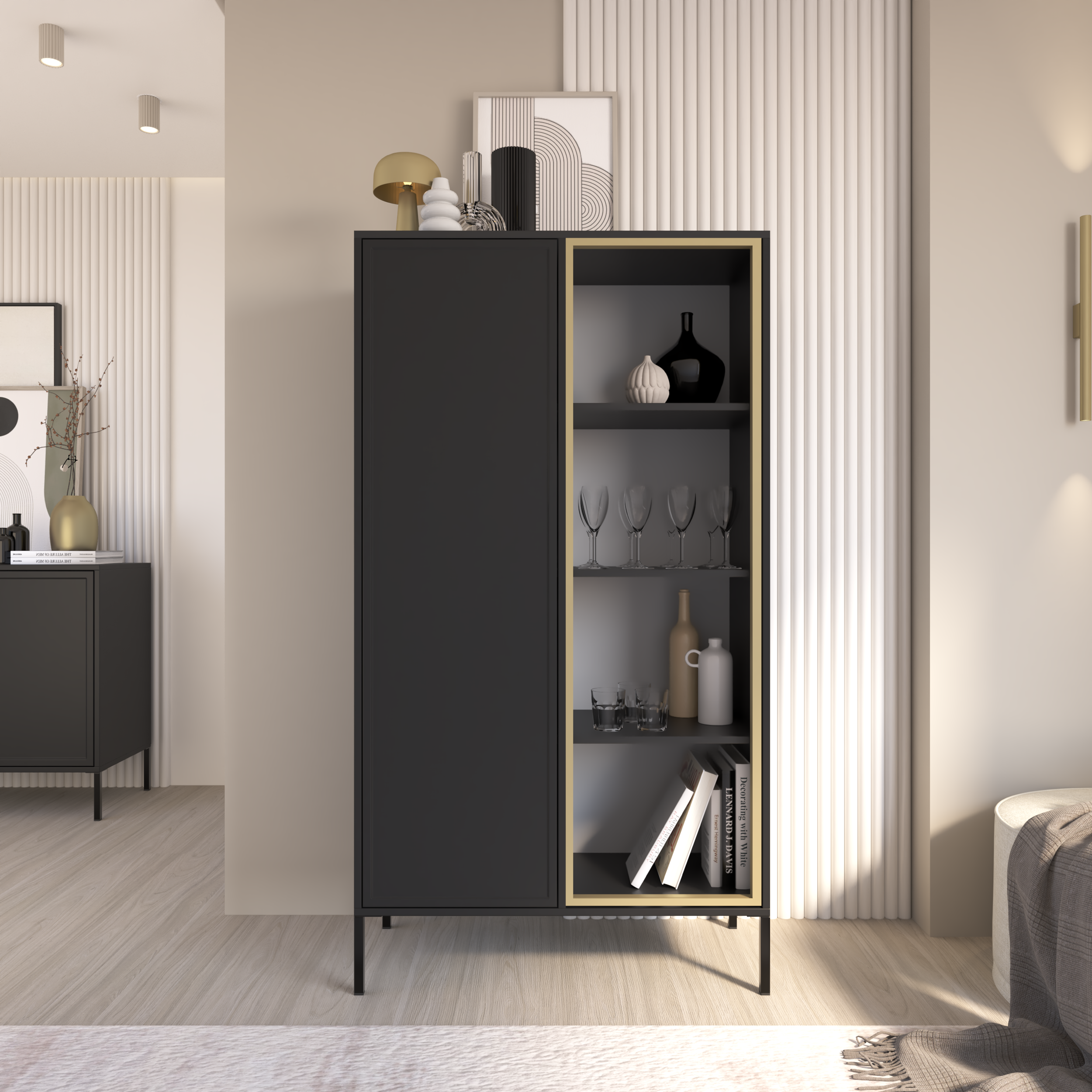 Zweiflügeliger Velveto-Schrank mit Glastür, 90 cm, schwarz