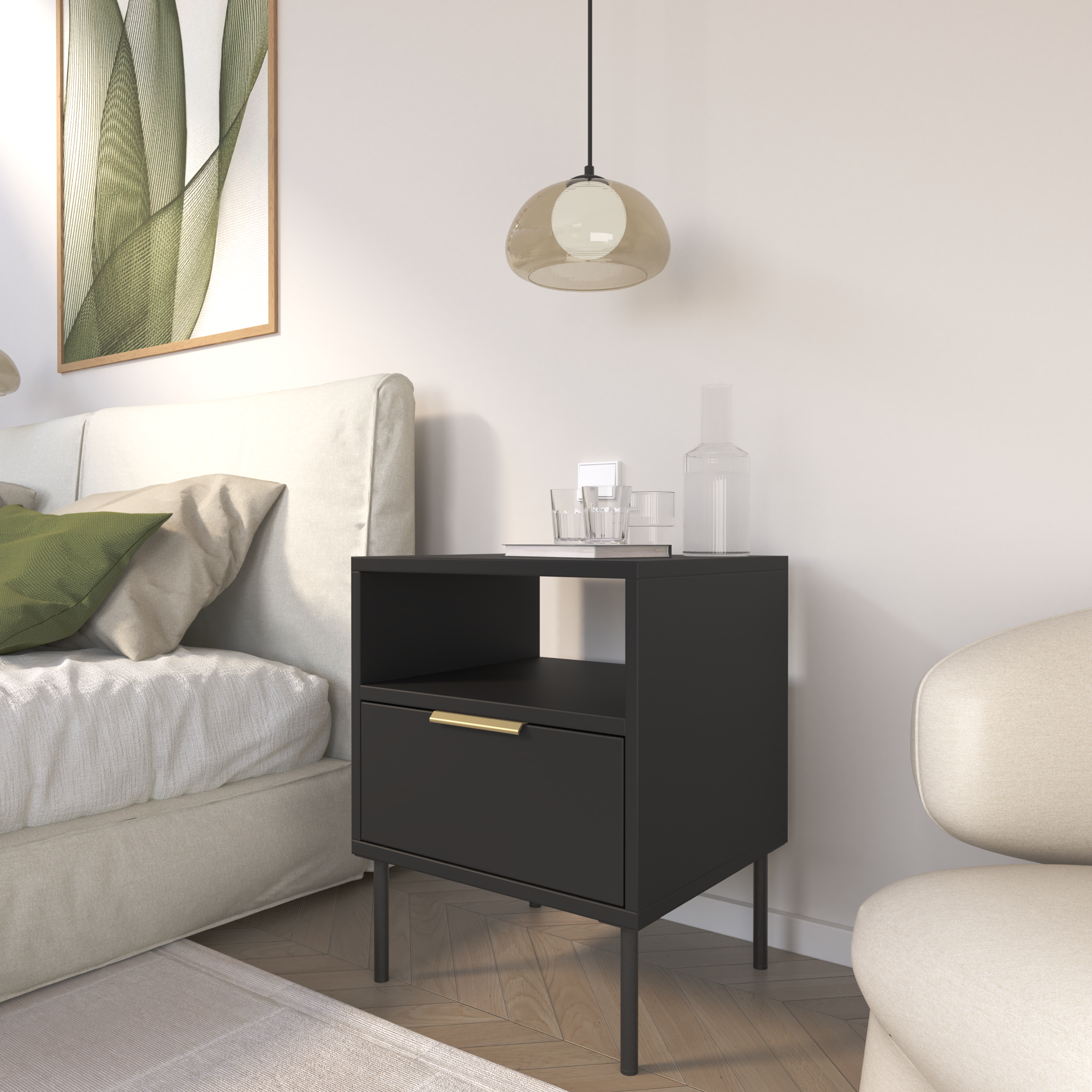 Nachttisch Vena mit Schublade und Fach 45 cm Schwarz
