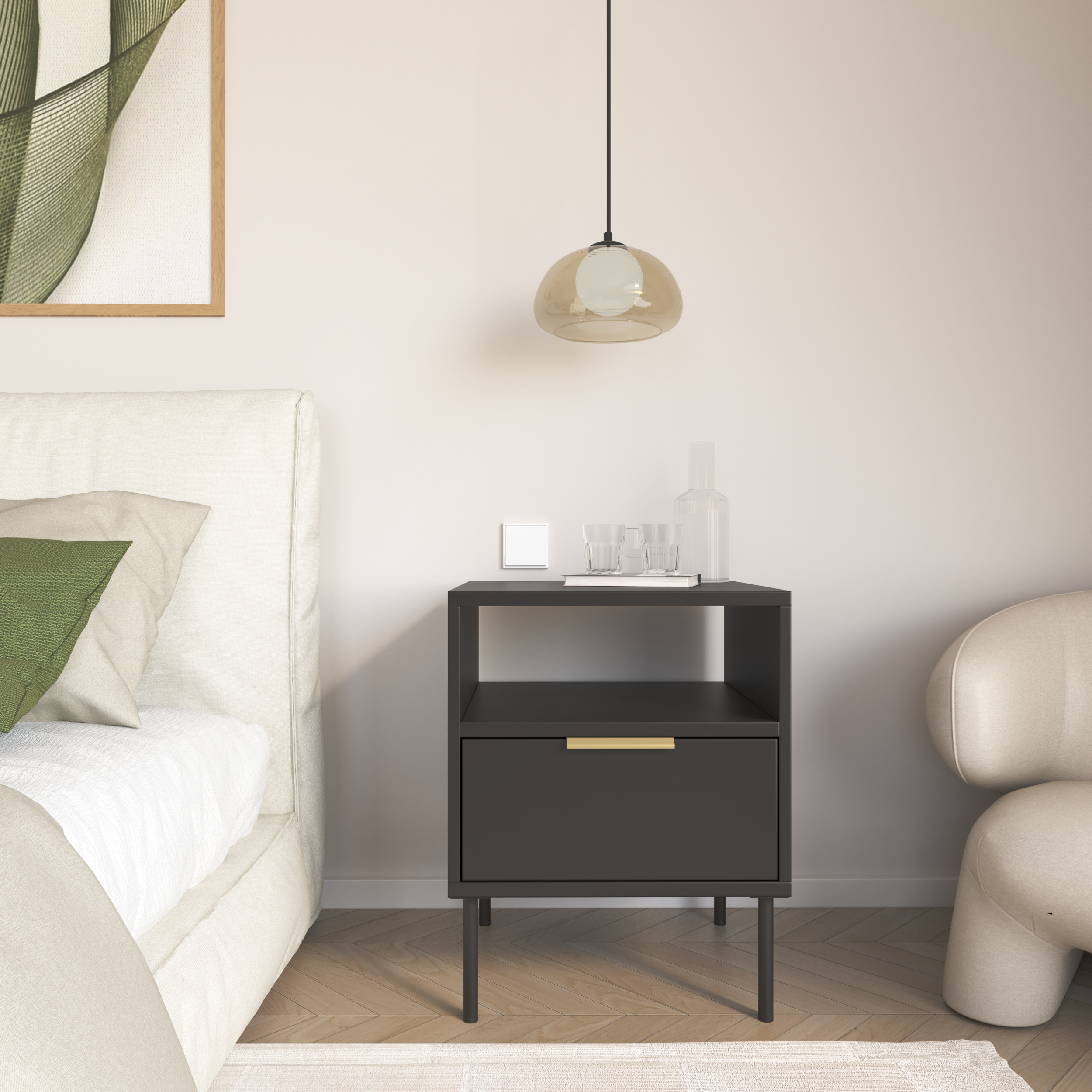 Nachttisch Vena mit Schublade und Fach 45 cm Schwarz