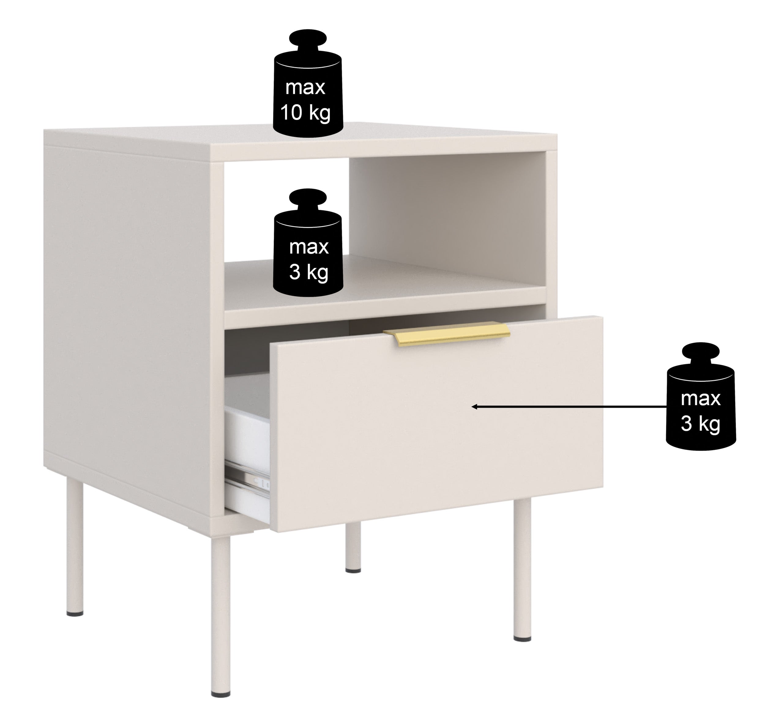 Nachttisch Vena mit Schublade und Fach, 45 cm, Kaschmir
