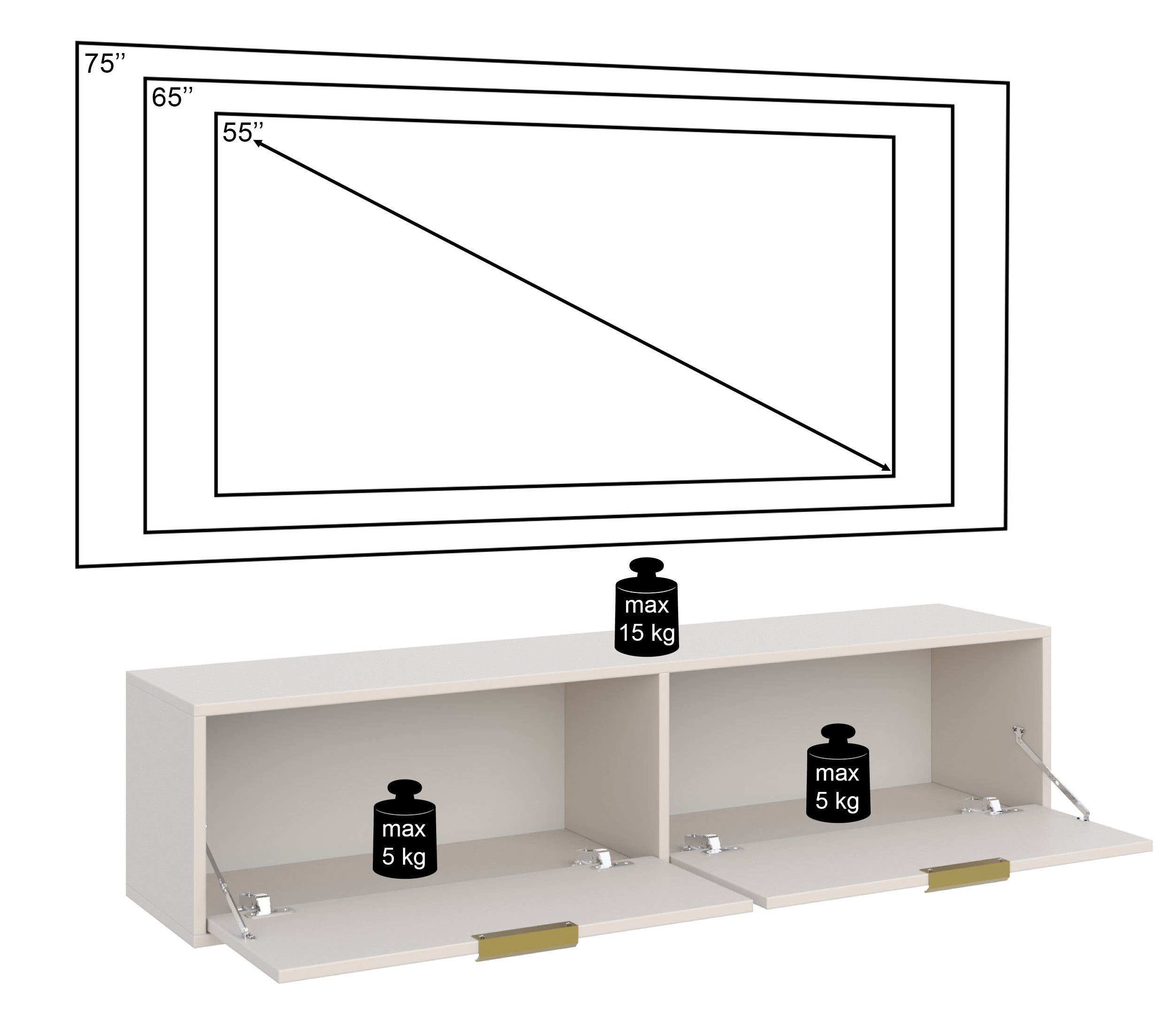 Hängender TV-Schrank Vena mit zwei Klappen, 140 cm, schwarz