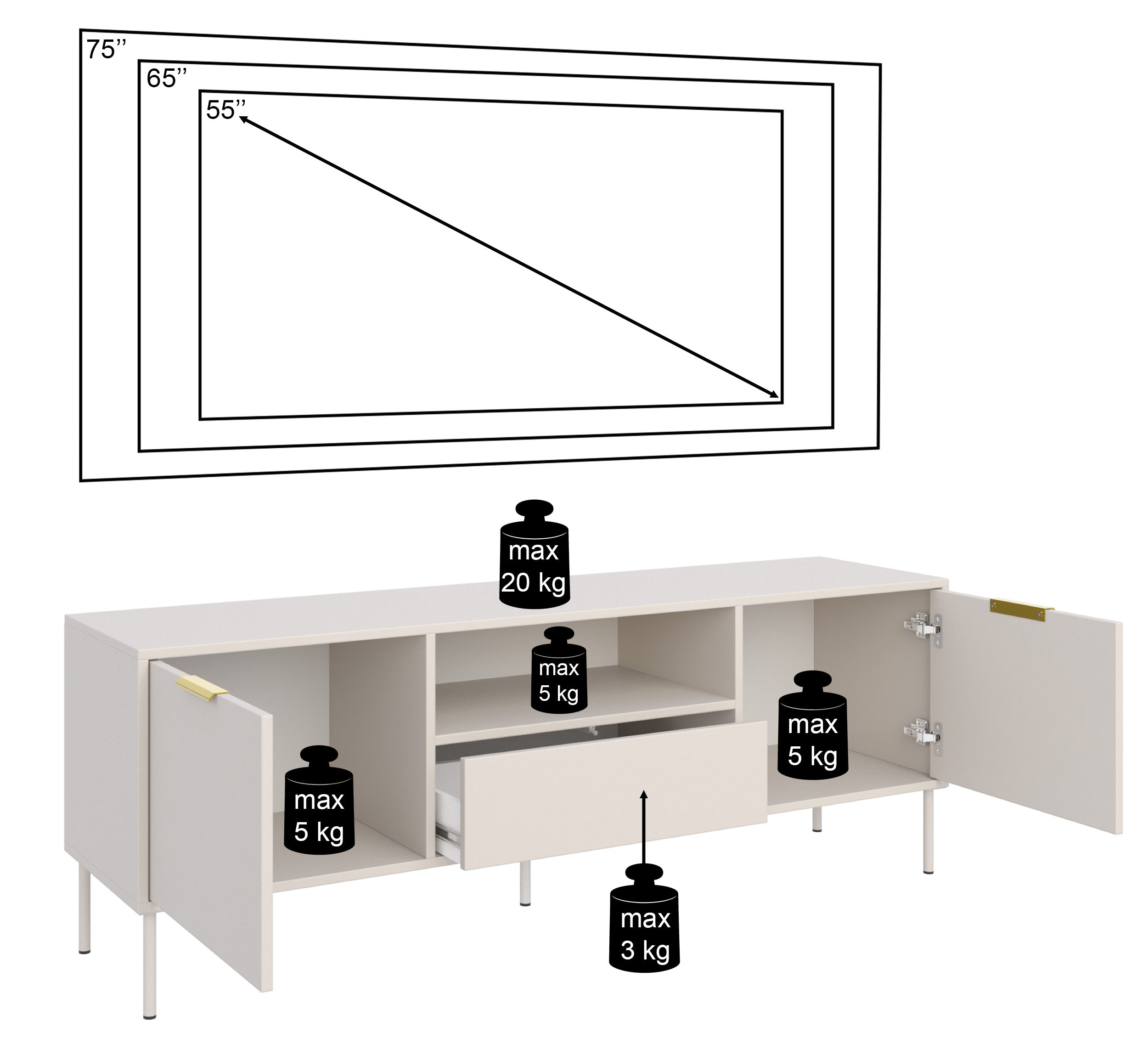 TV-Schrank Vena, zweitürig mit Schublade und Fach, 160 cm, schwarz